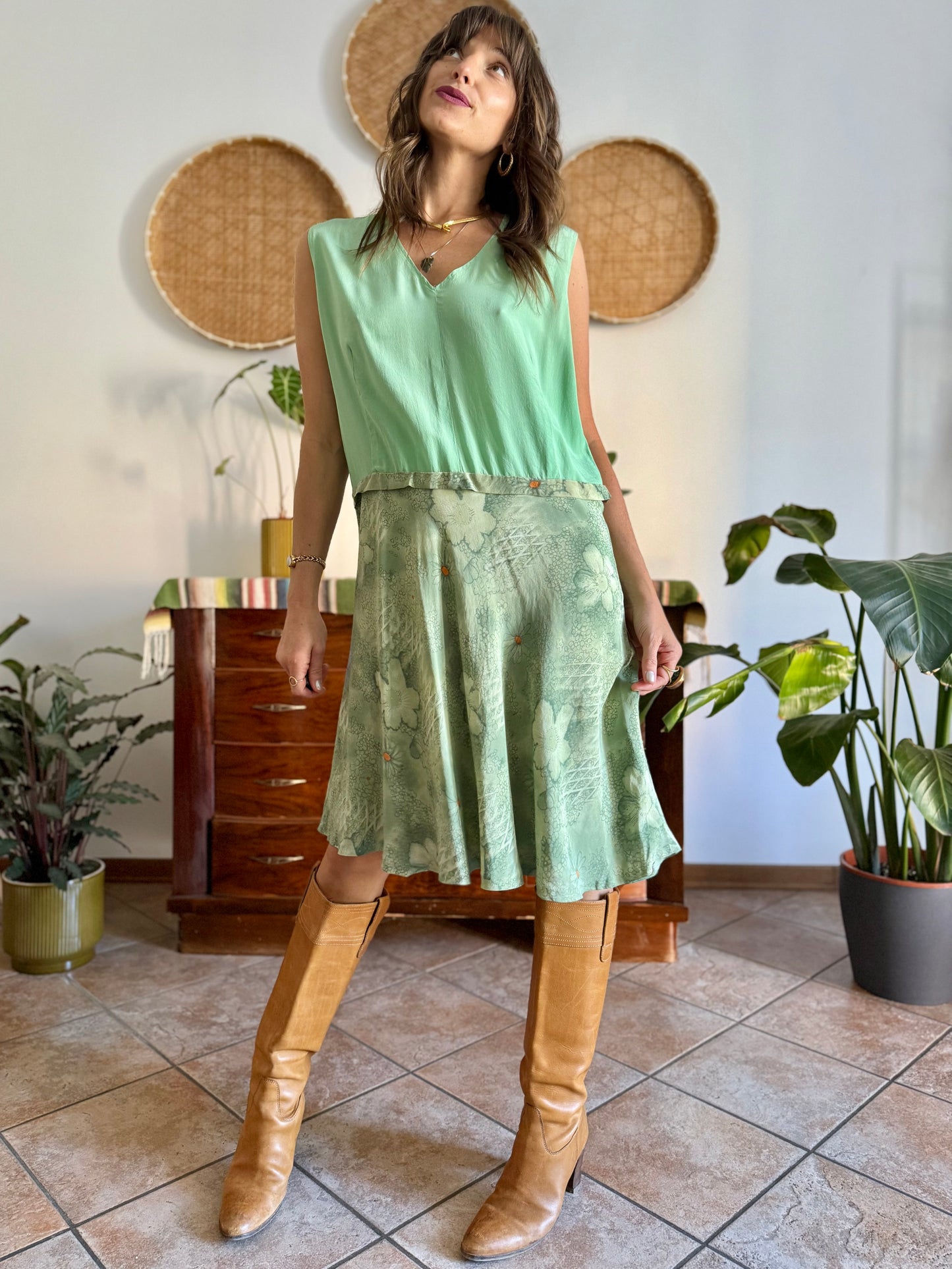 1960's vintage hand made mint green silk midi dress with floral print