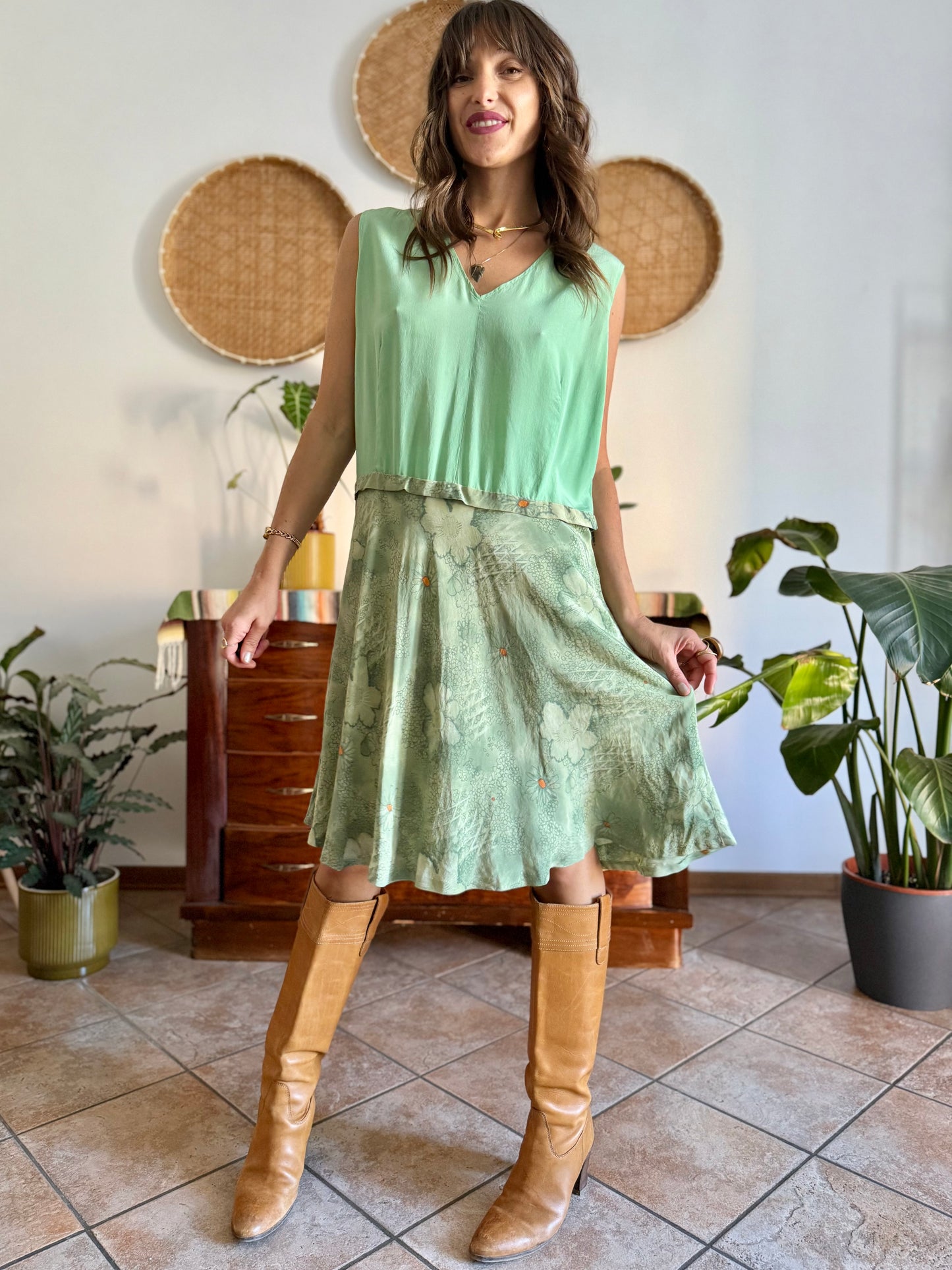 1960's vintage hand made mint green silk midi dress with floral print