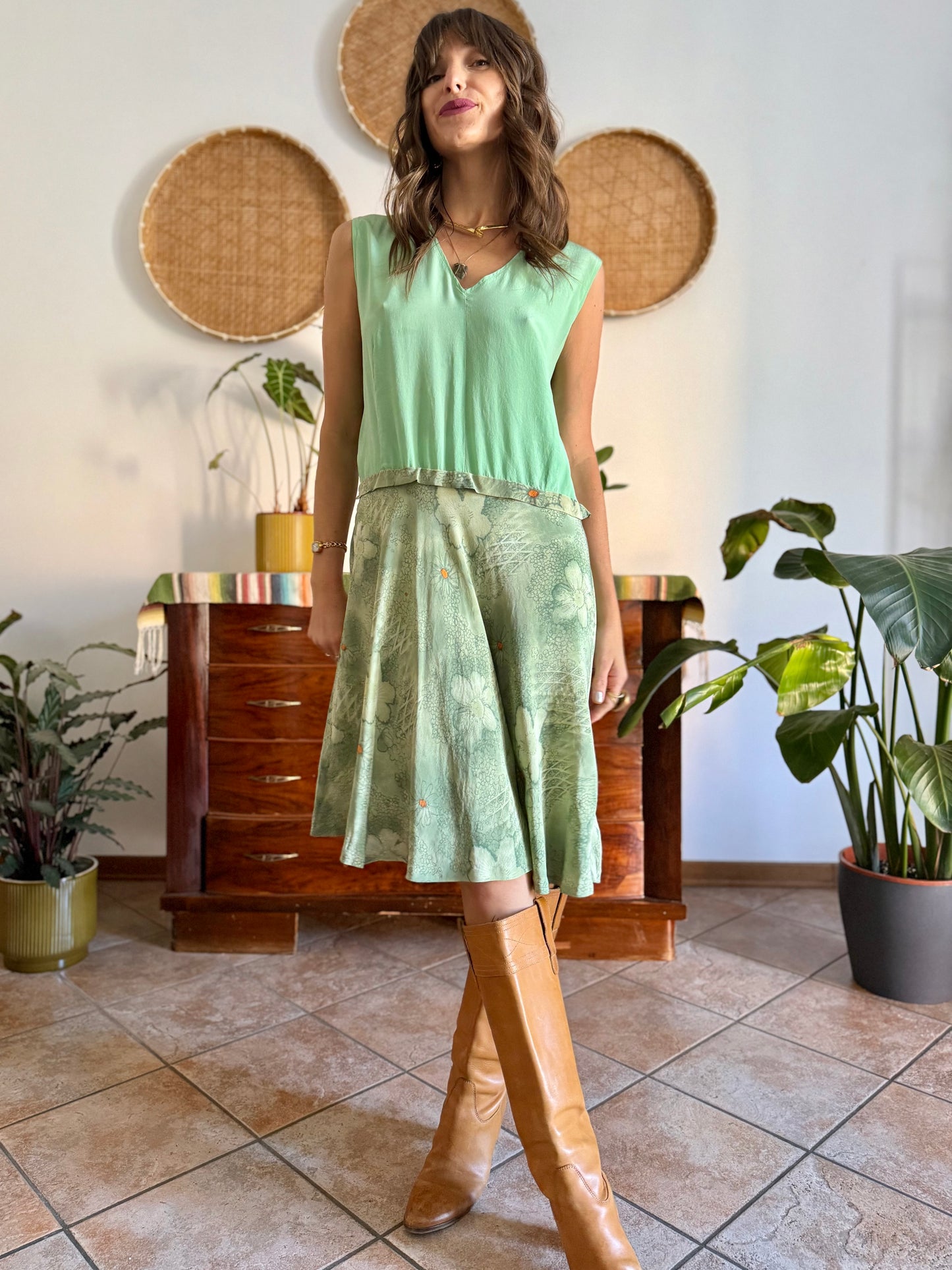 1960's vintage hand made mint green silk midi dress with floral print