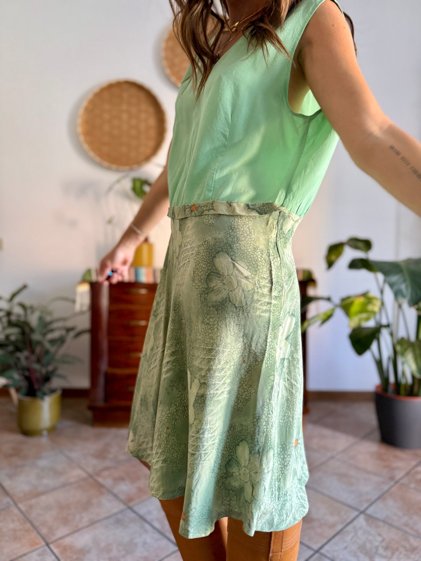 1960's vintage hand made mint green silk midi dress with floral print