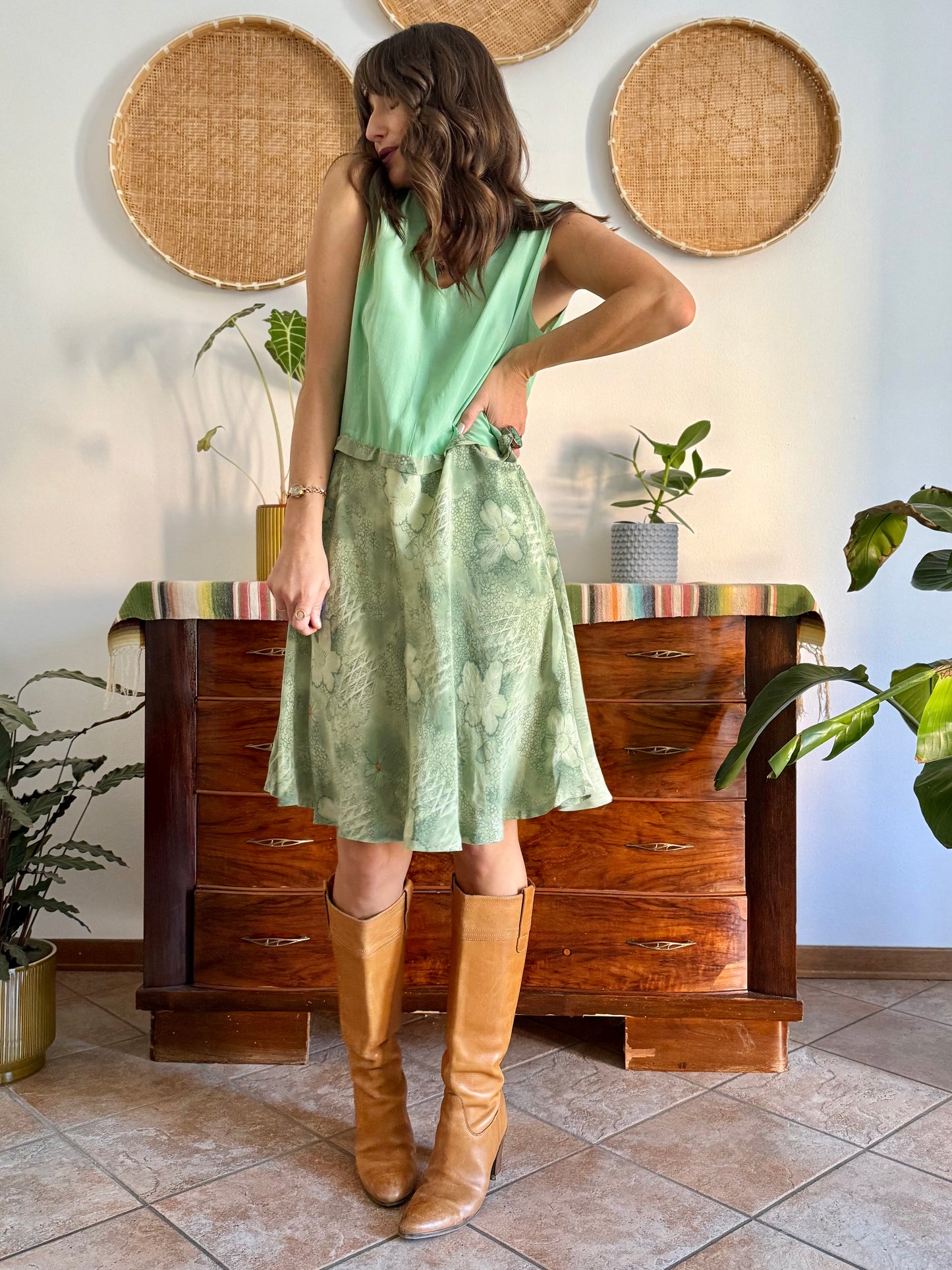 1960's vintage hand made mint green silk midi dress with floral print