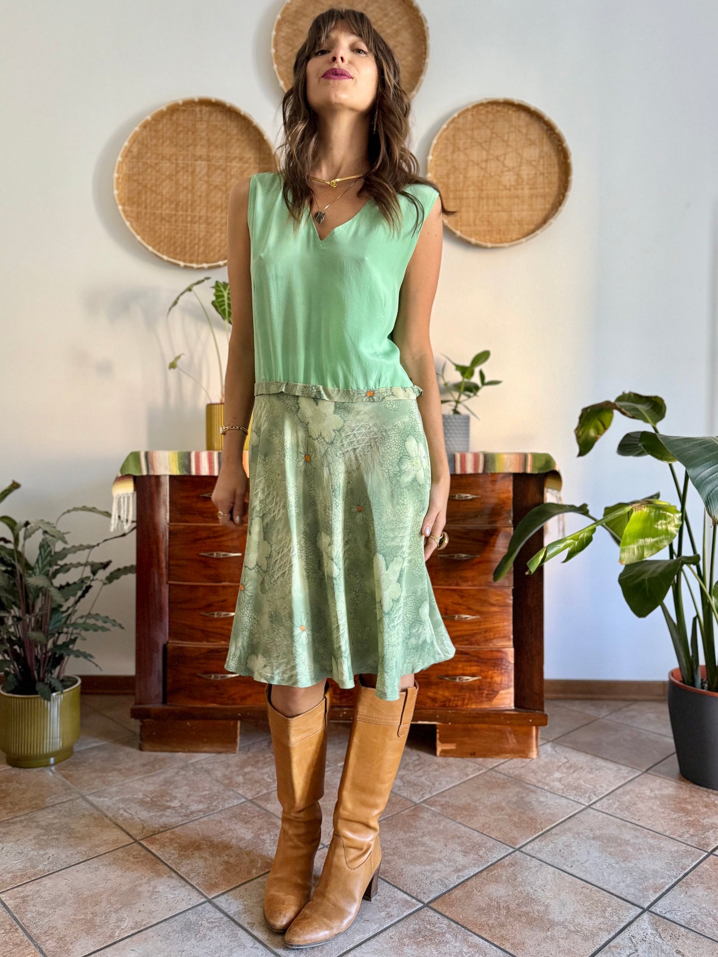 1960's vintage hand made mint green silk midi dress with floral print