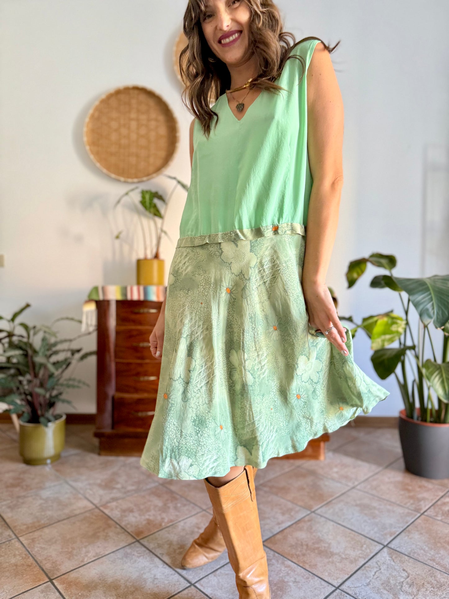 1960's vintage hand made mint green silk midi dress with floral print