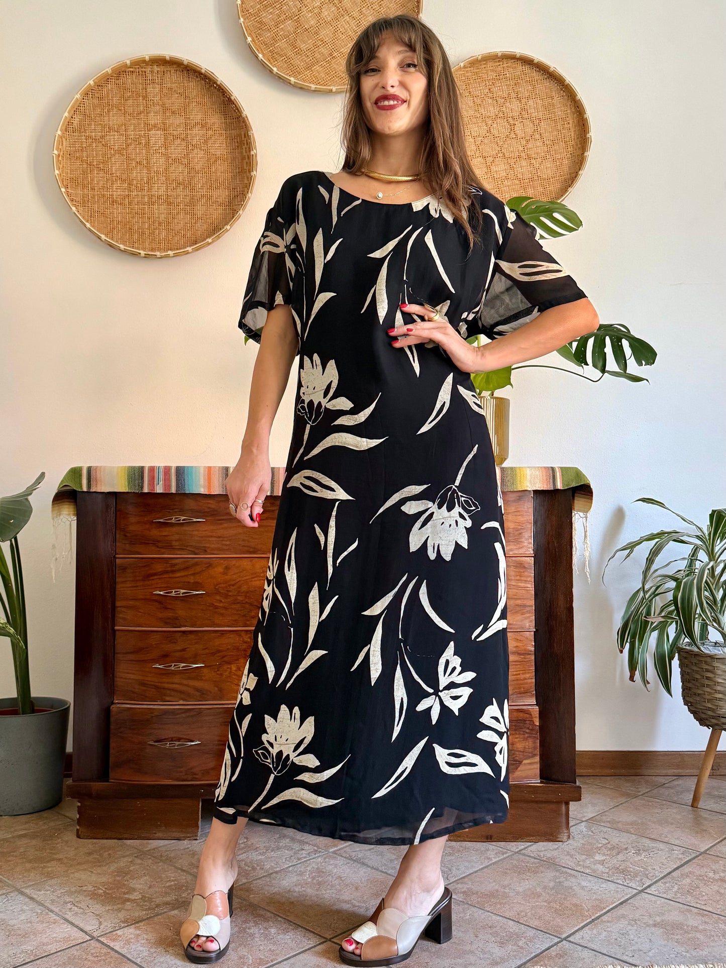 1990's vintage black floral maxi dress with beige and cream floral print