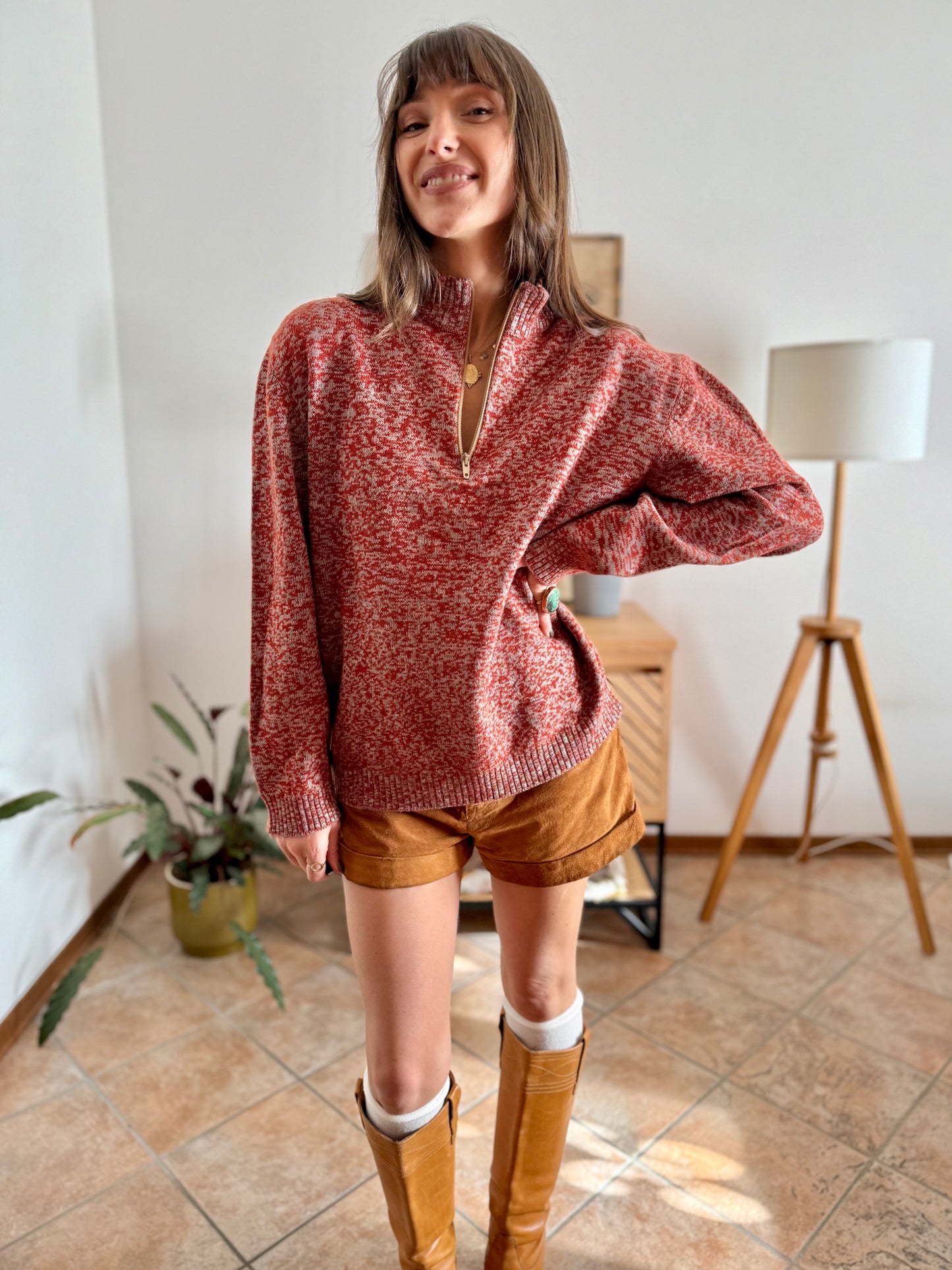 1990's vintage dark orange and grey knit half zip wool knit pullover