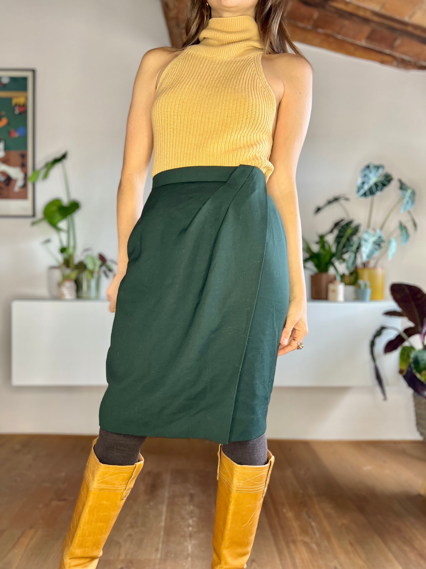 1970's vintage dark green wool midi skirt with asymmetrical pleat detail