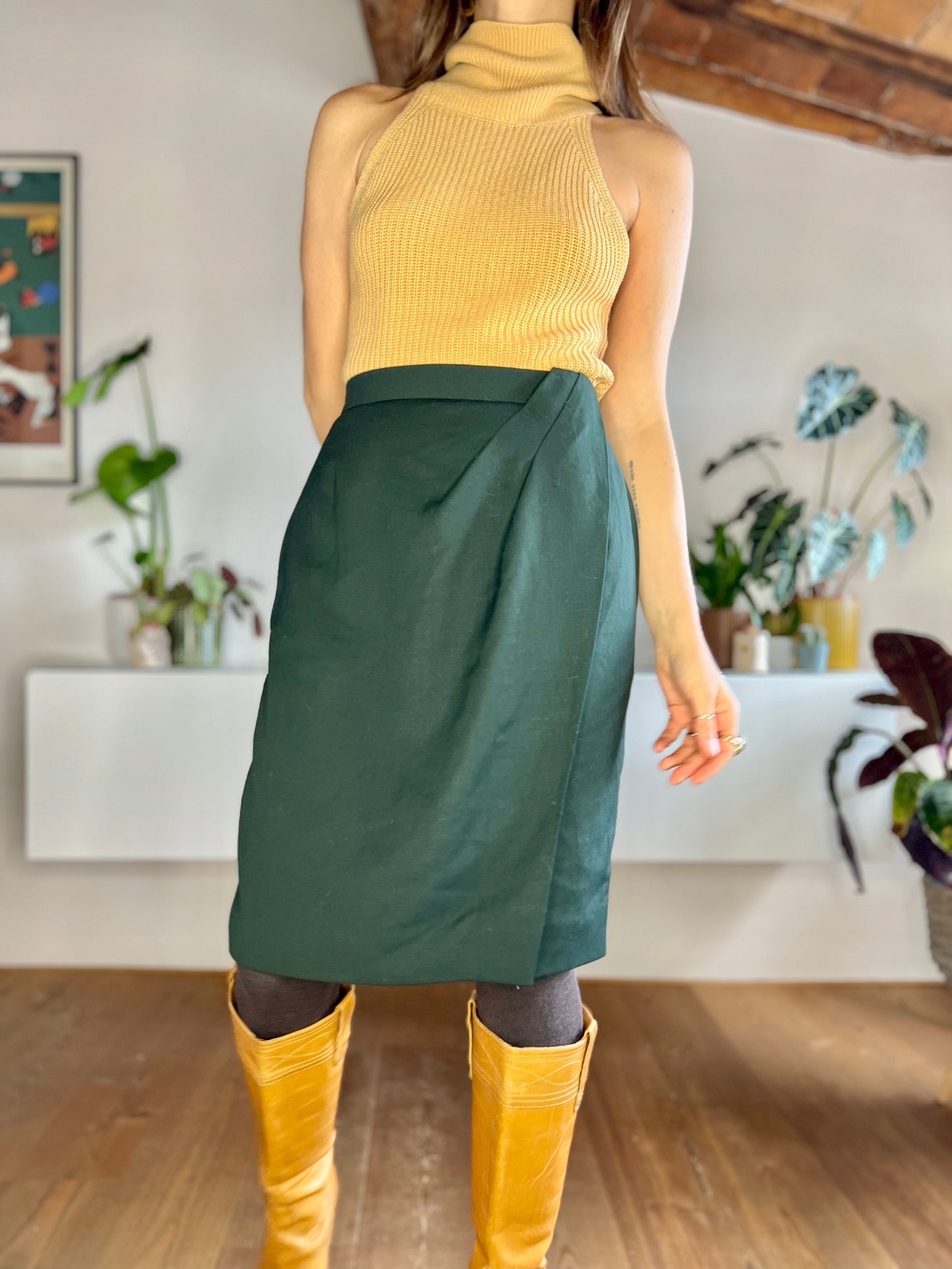 1970's vintage dark green wool midi skirt with asymmetrical pleat detail