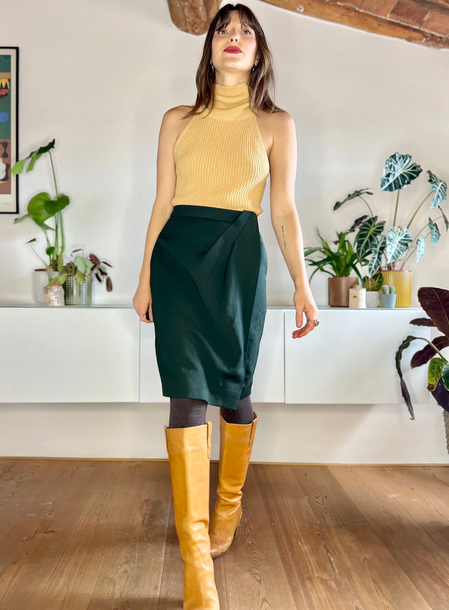 1970's vintage dark green wool midi skirt with asymmetrical pleat detail