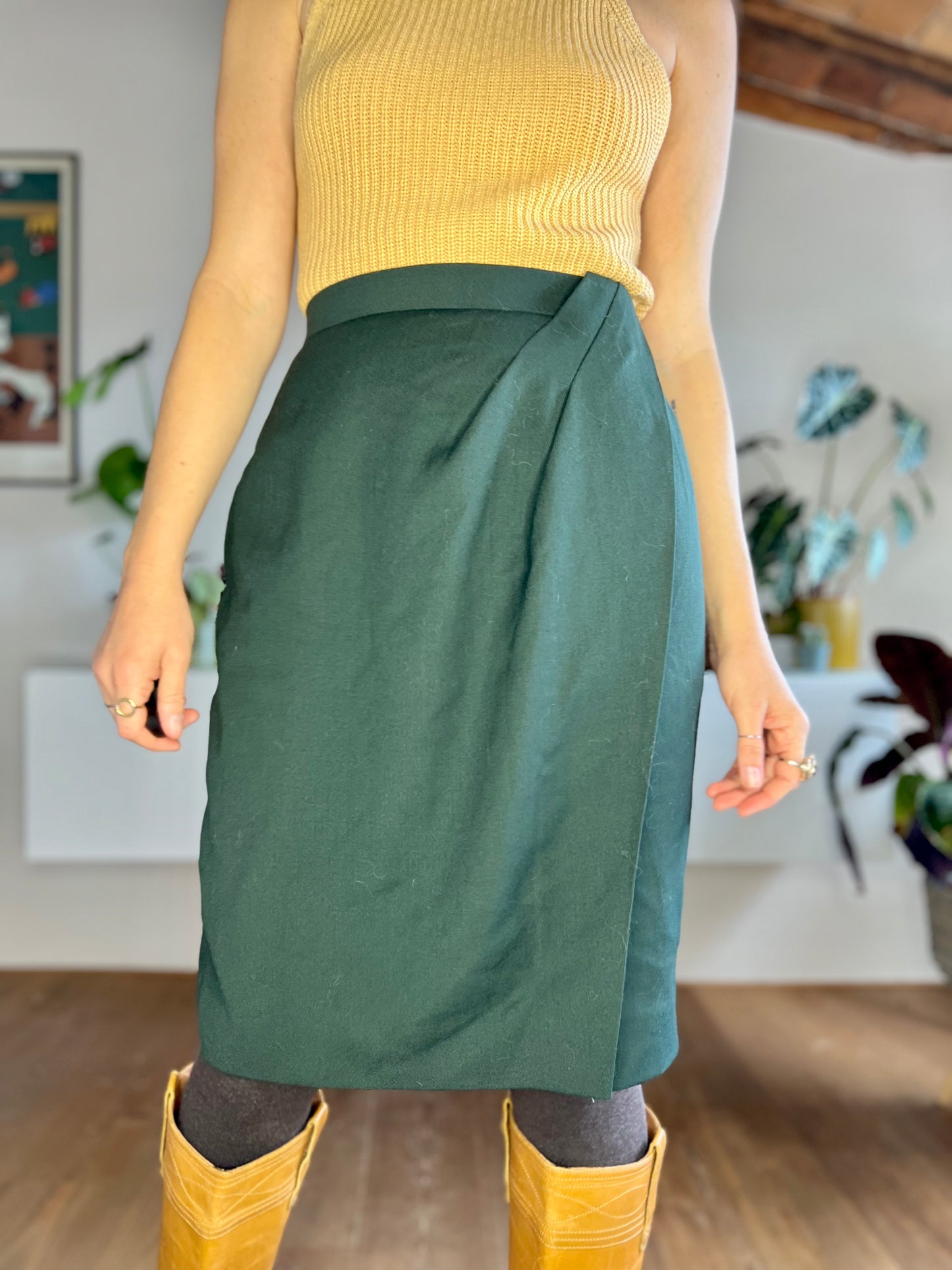 1970's vintage dark green wool midi skirt with asymmetrical pleat detail