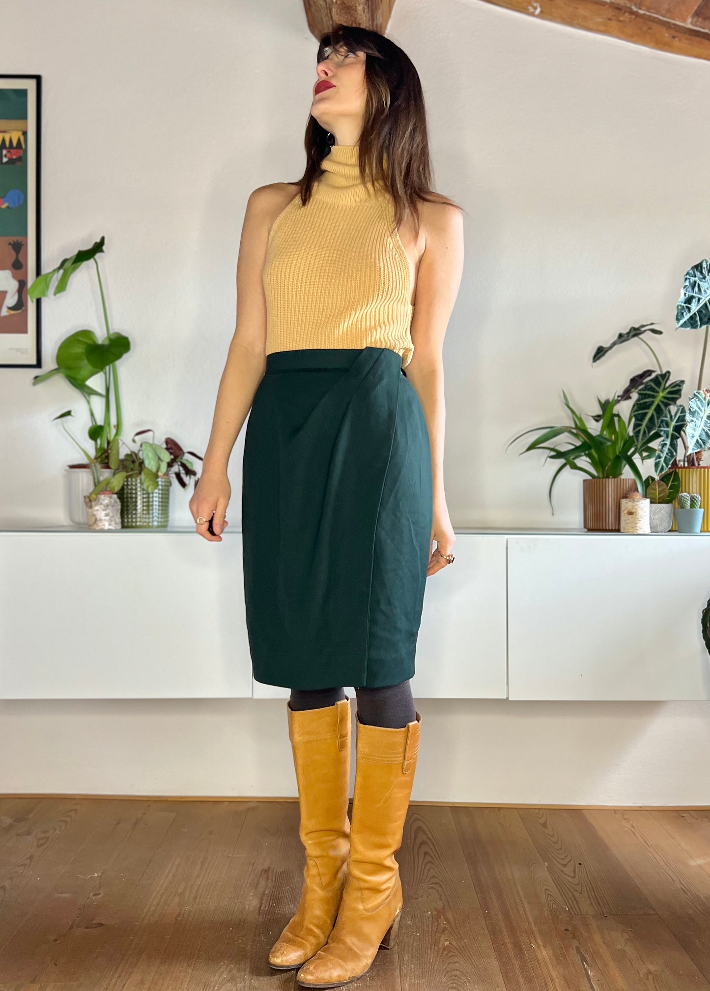 1970's vintage dark green wool midi skirt with asymmetrical pleat detail