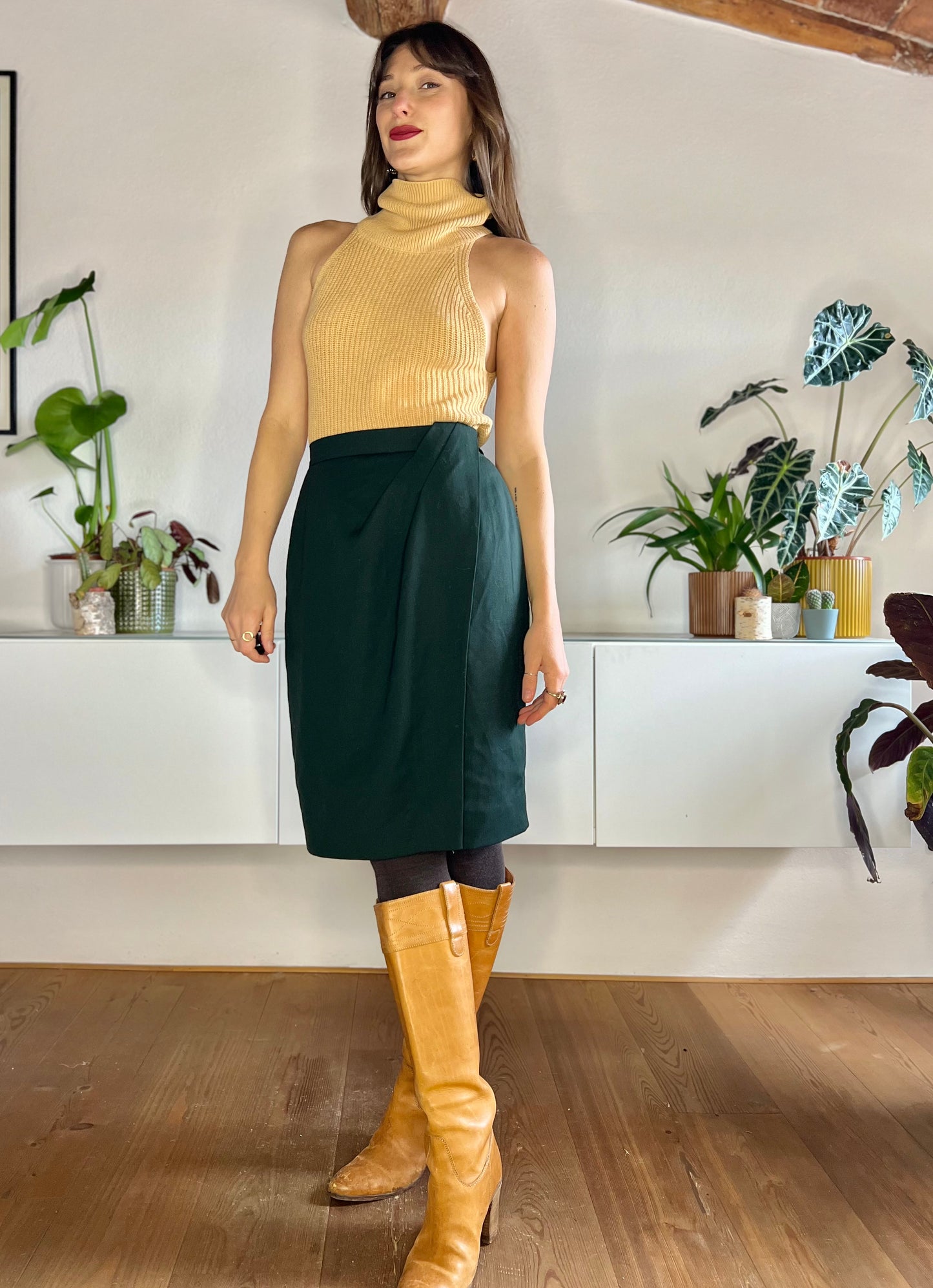 1970's vintage dark green wool midi skirt with asymmetrical pleat detail