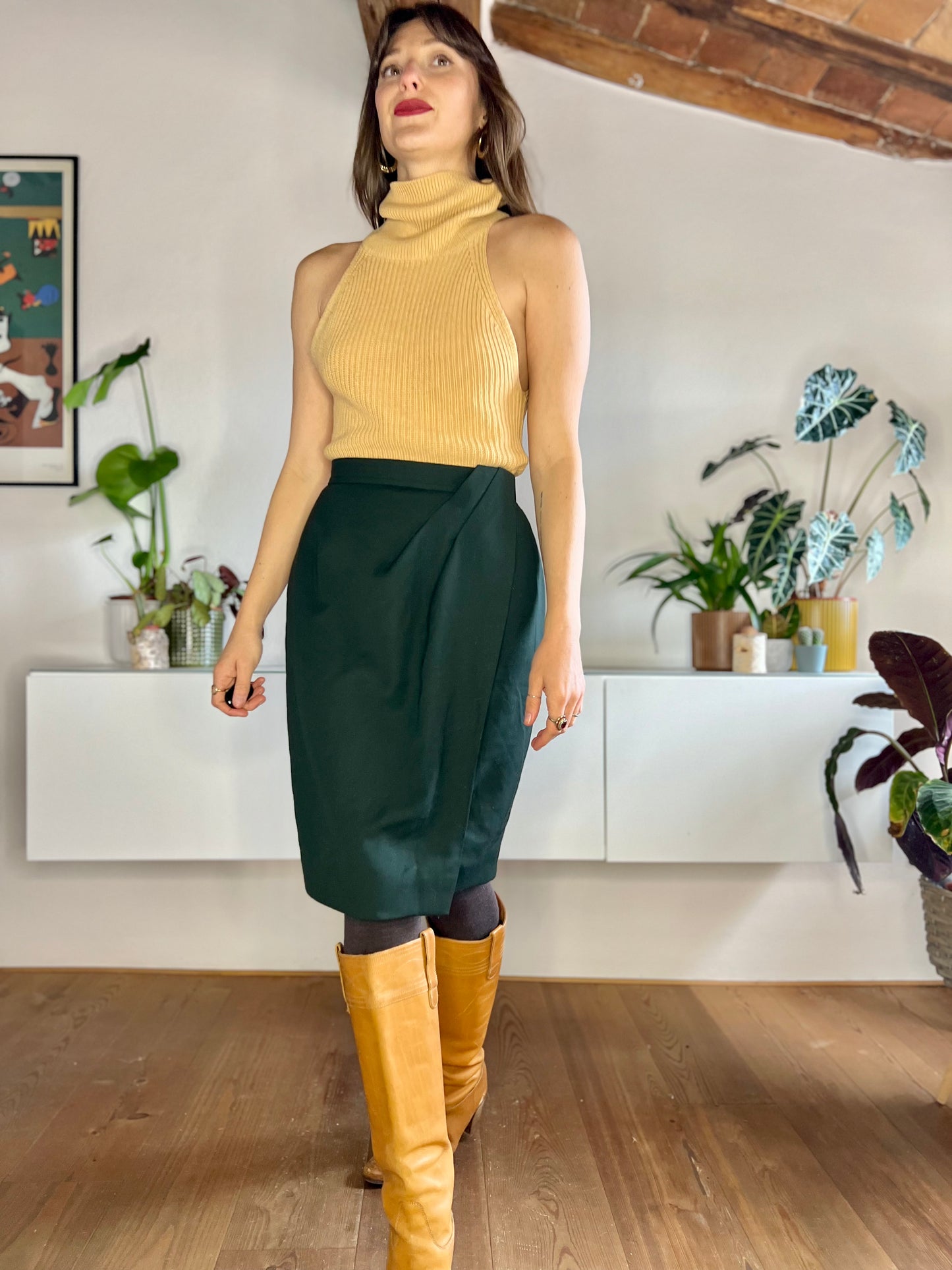 1970's vintage dark green wool midi skirt with asymmetrical pleat detail