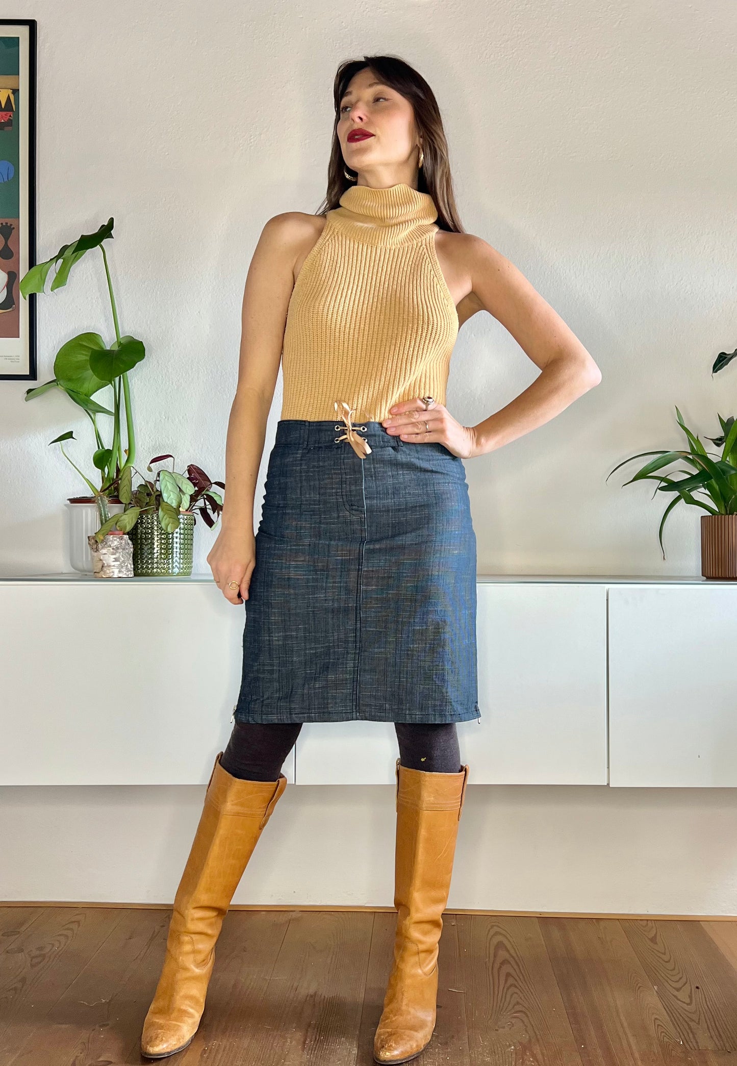 Y2k vintage dark blue denim midi skirt with zip sides