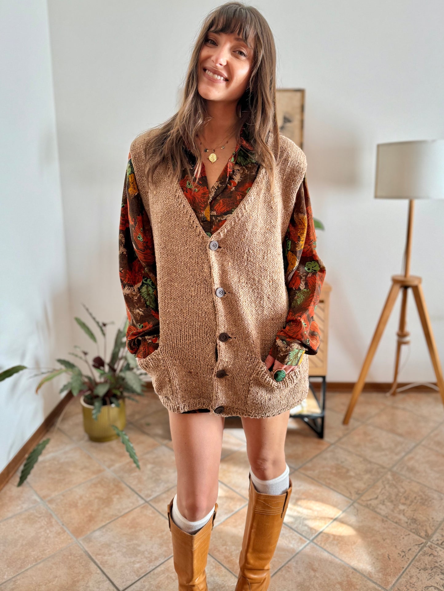 1970's vintage hand knit oversize tan wool knit vest