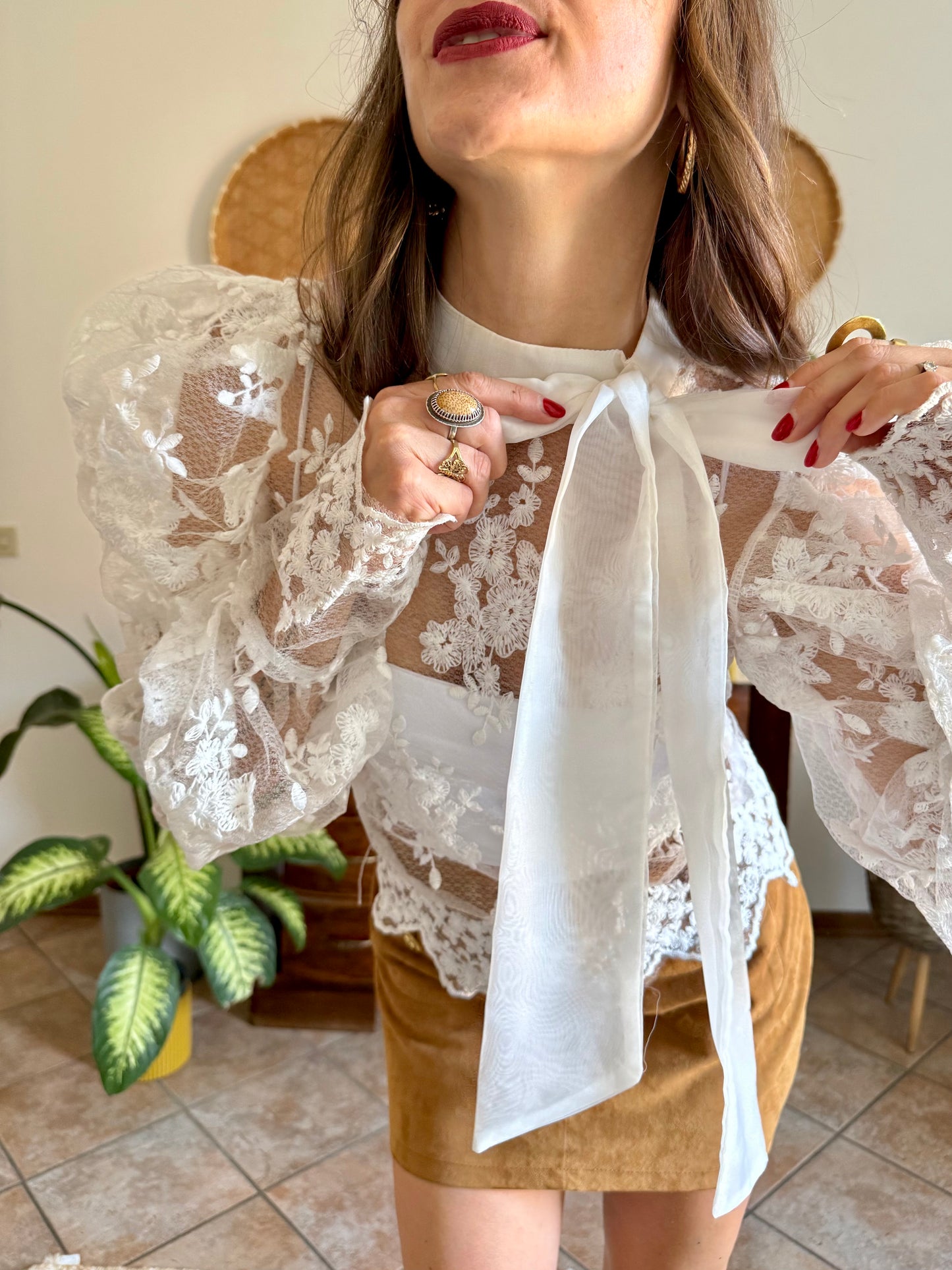 1970's vintage puff sleeve embroidered lace blouse