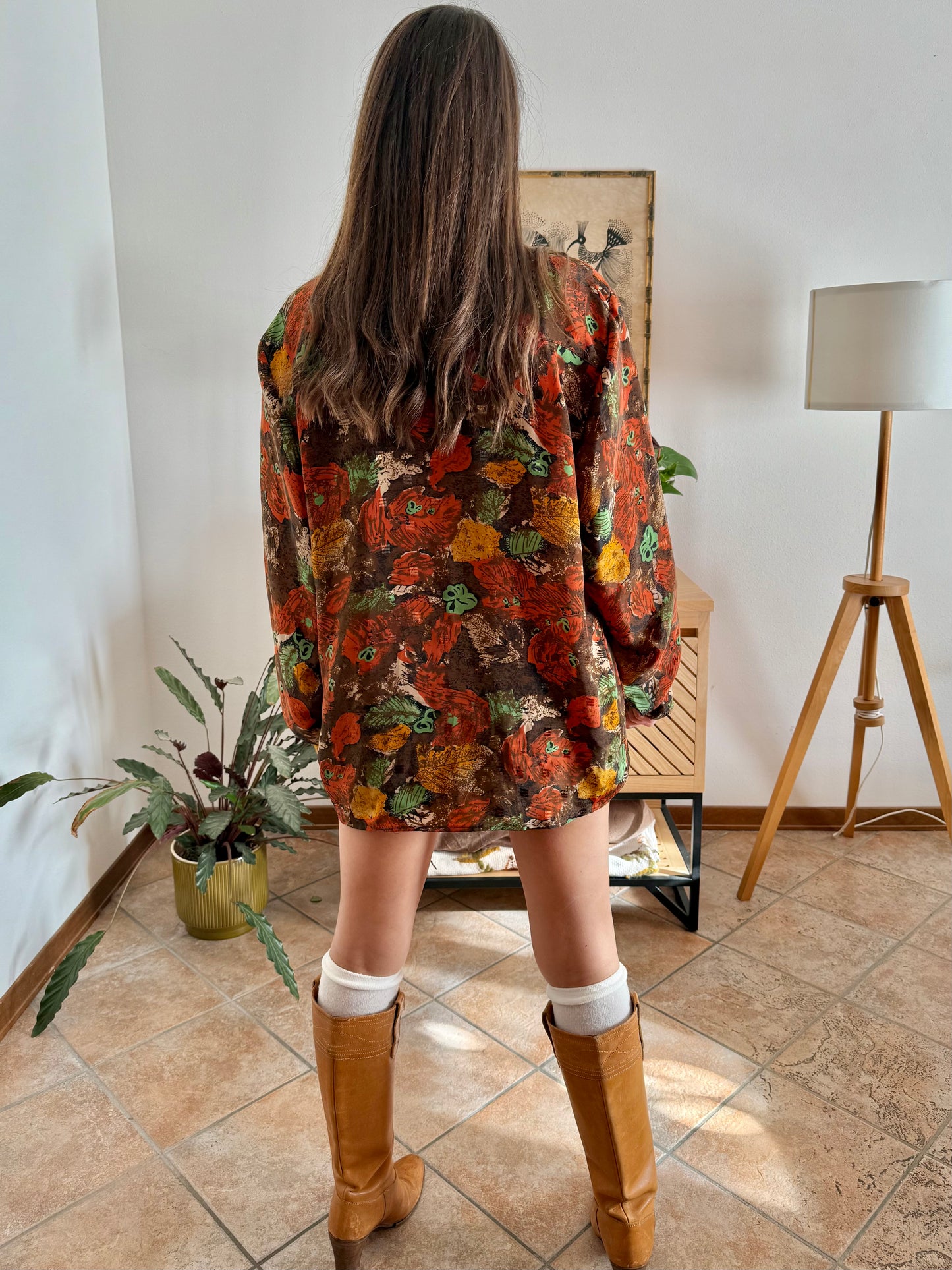 1970's vintage chocolate brown and orange abstract floral print blouse