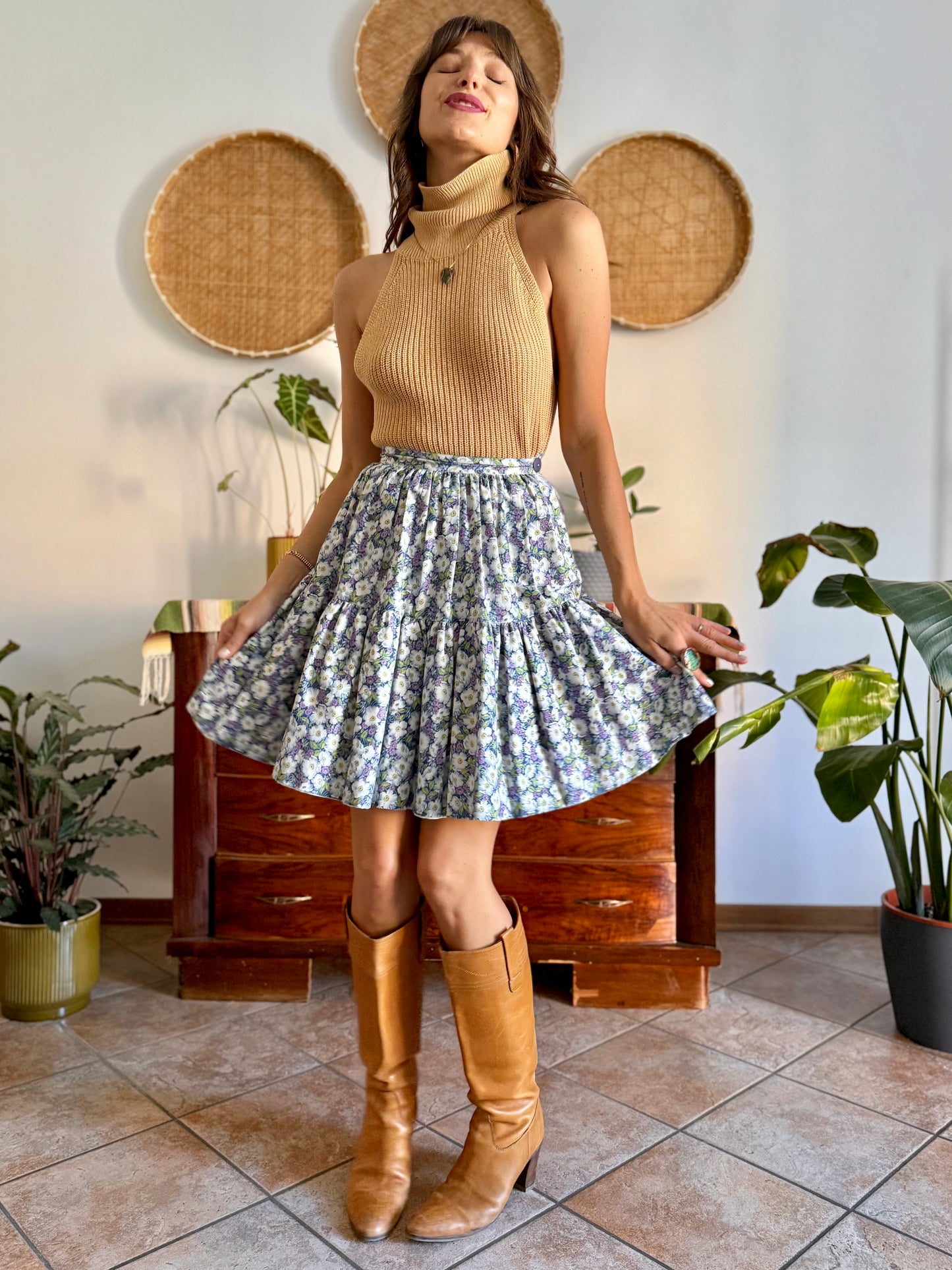 1970's vintage blue green and purple floral skirt