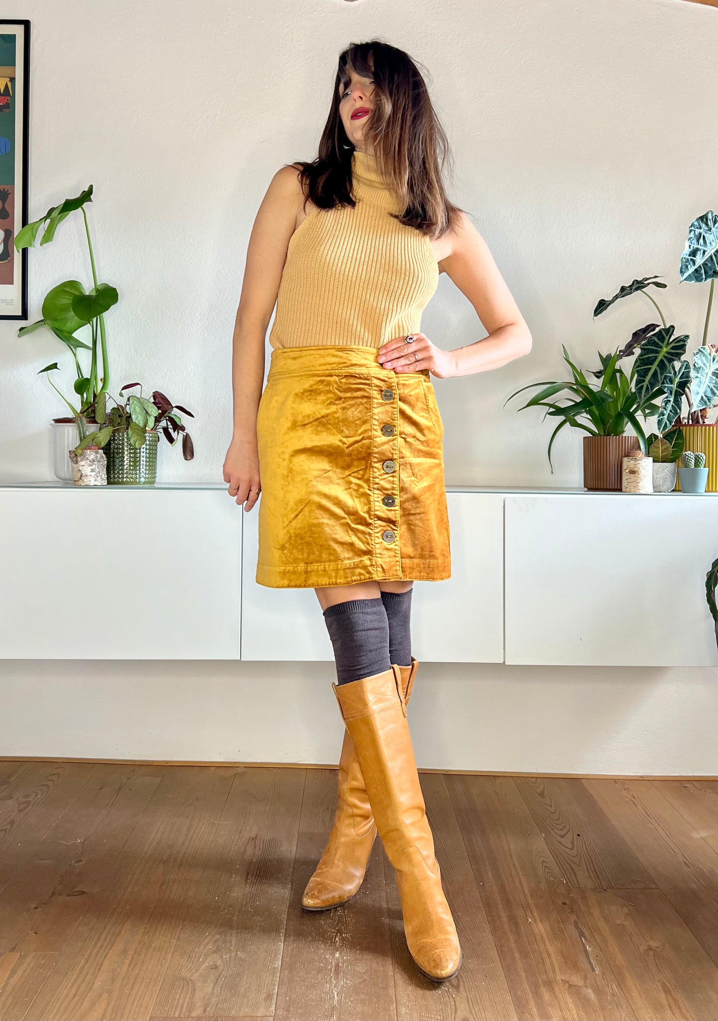 1990's vintage mustard yellow velvet miniskirt with asymmetrical button detail