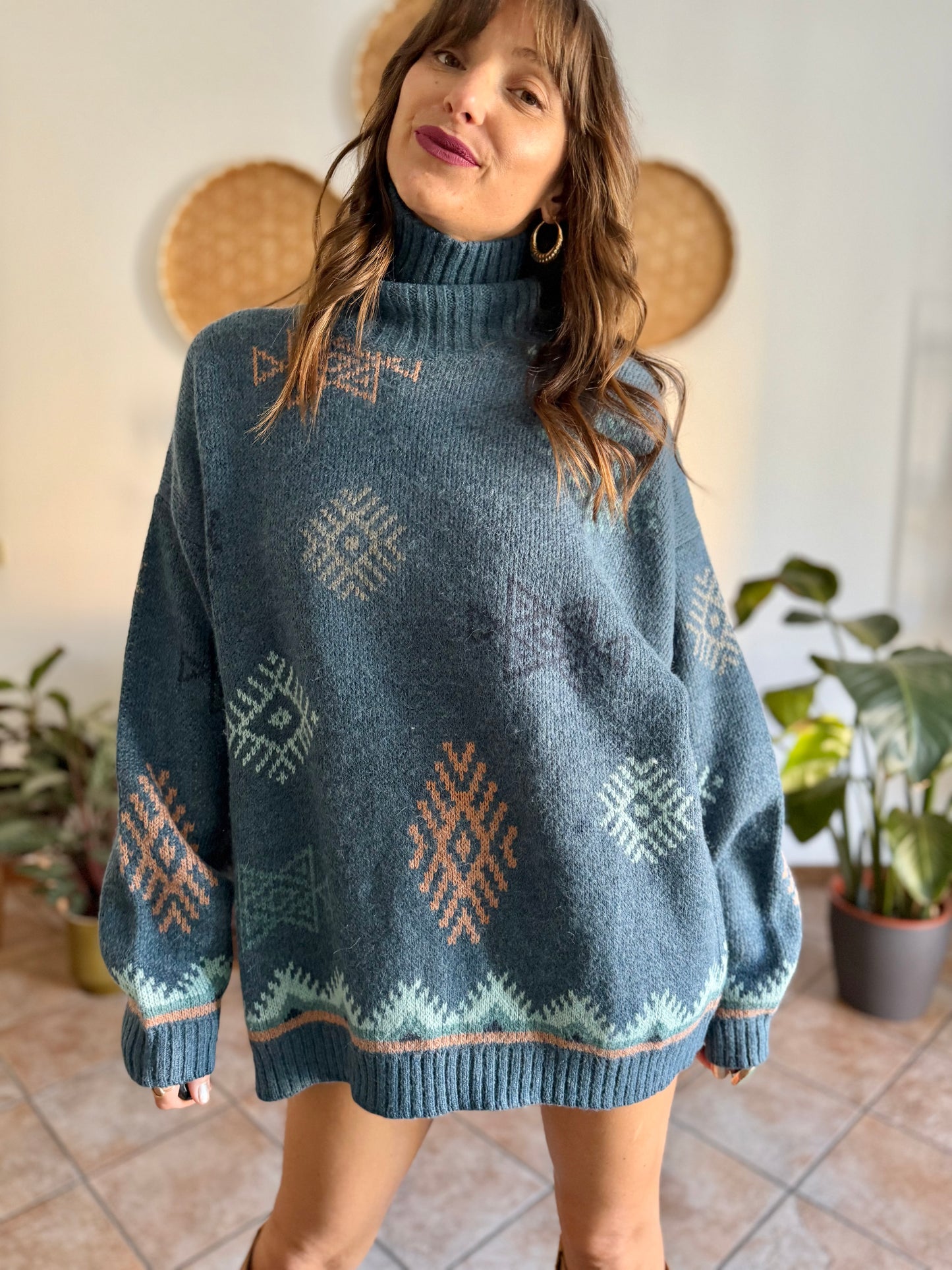 1990's vintage oversize wool and mohair blend blue and pink geometric knit turtleneck