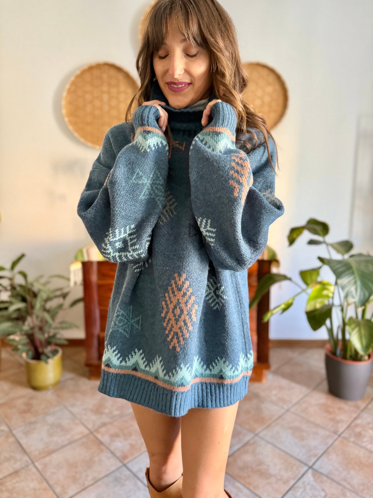 1990's vintage oversize wool and mohair blend blue and pink geometric knit turtleneck