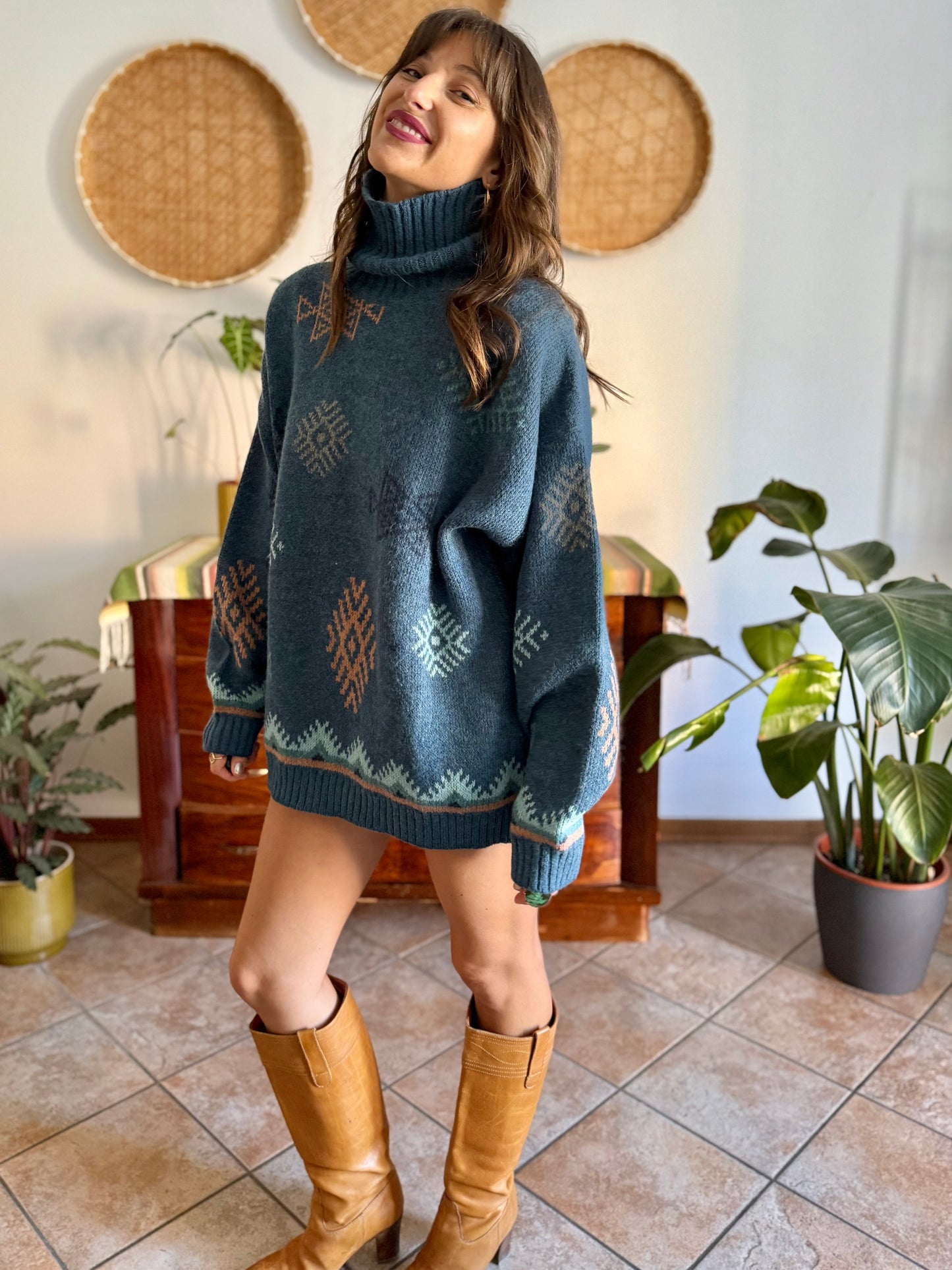 1990's vintage oversize wool and mohair blend blue and pink geometric knit turtleneck
