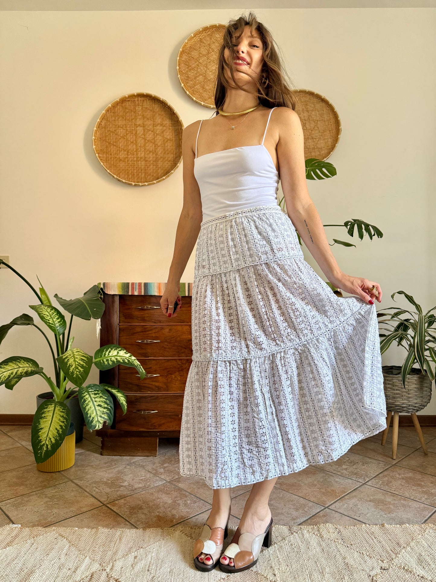 1970's vintage semi sheer black and white floral eyelet maxi skirt