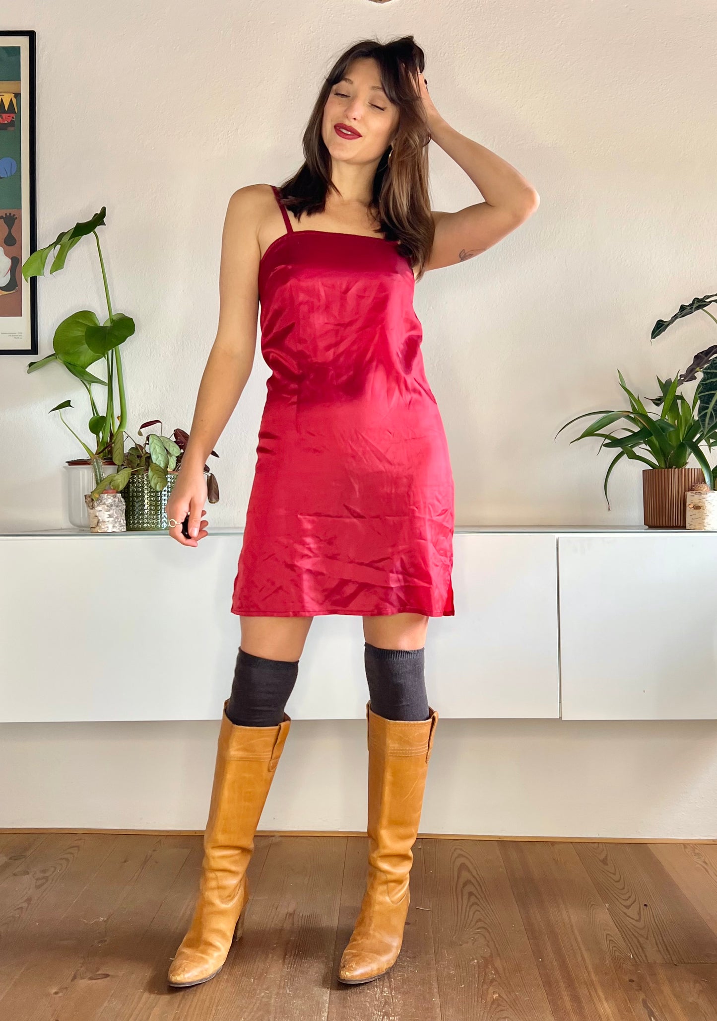 1990's vintage dark red satin mini slip