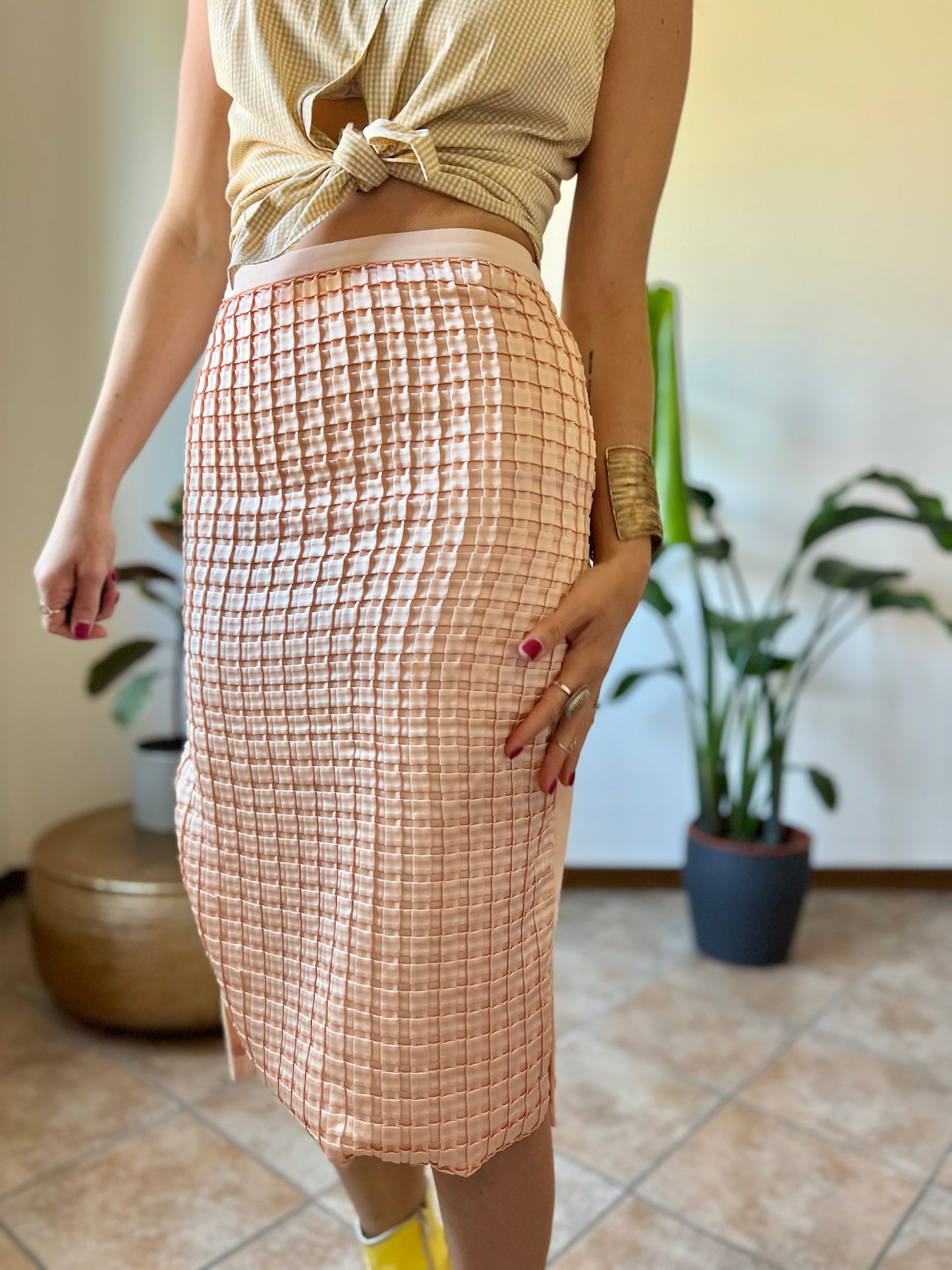 Salmon pink textured weave satin midi skirt
