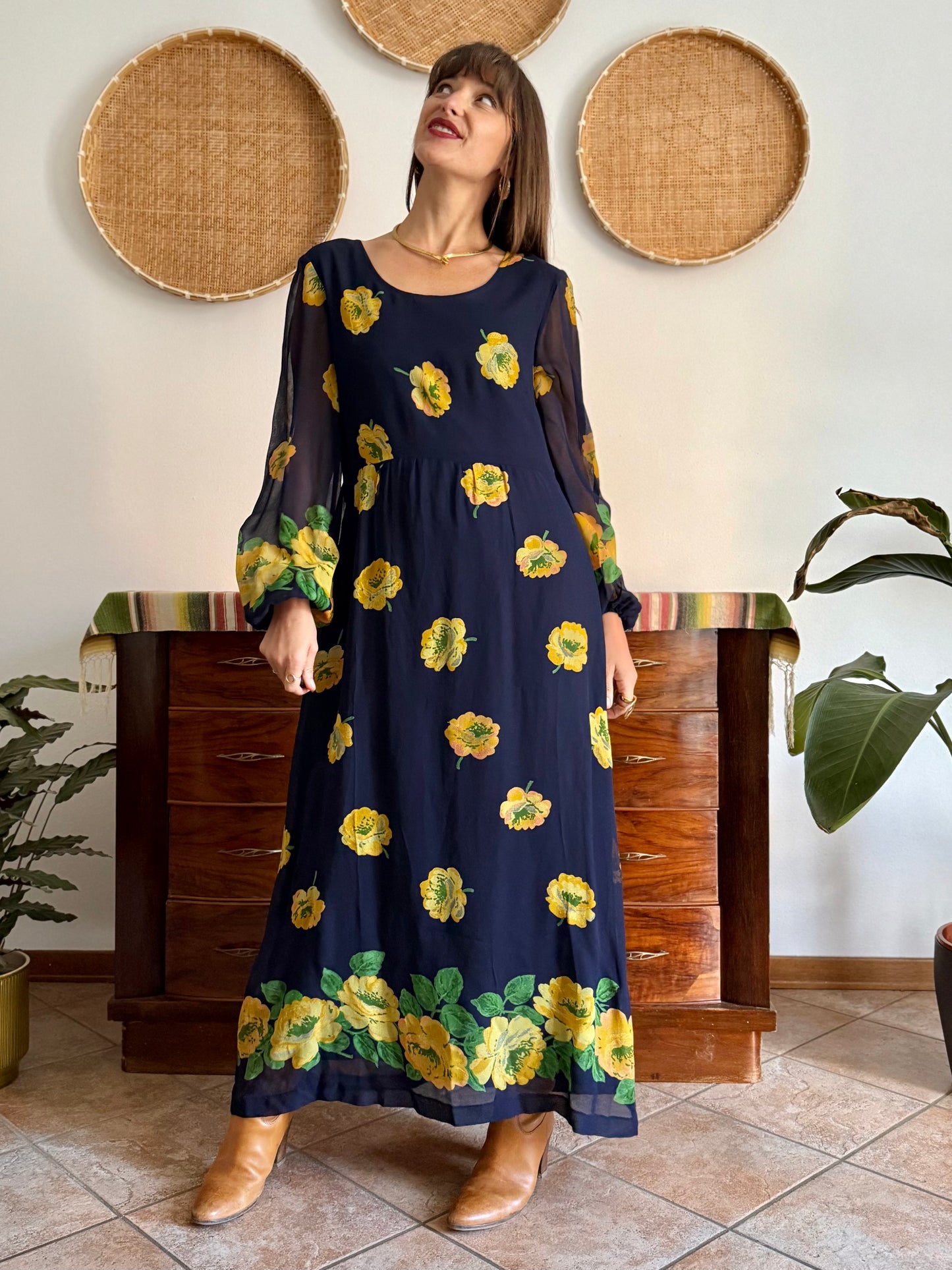 1970's vintage navy blue maxi dress with yellow floral print