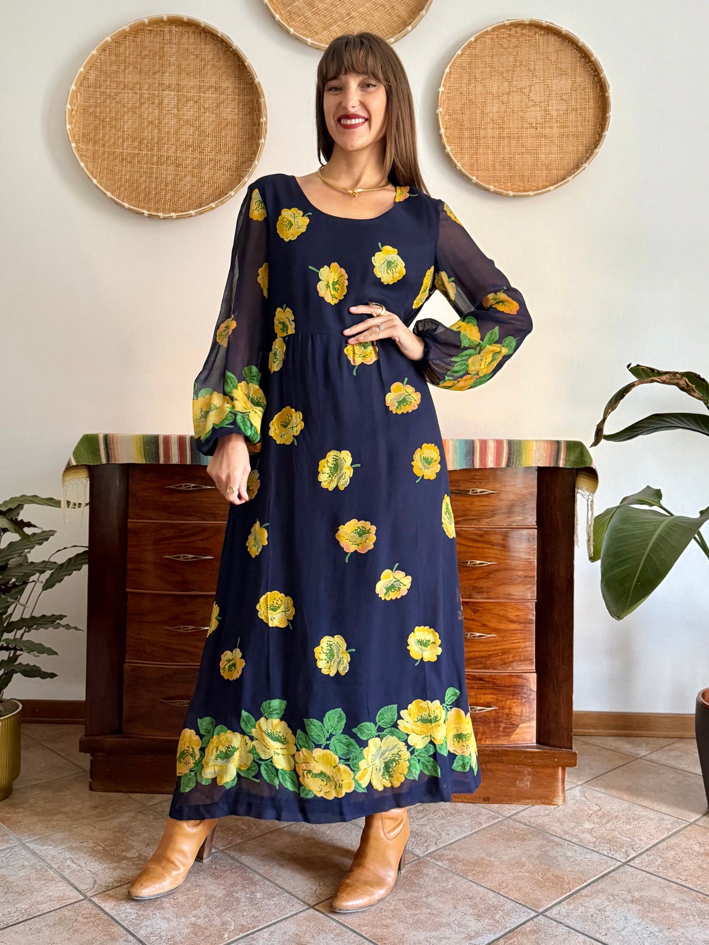 1970's vintage navy blue maxi dress with yellow floral print