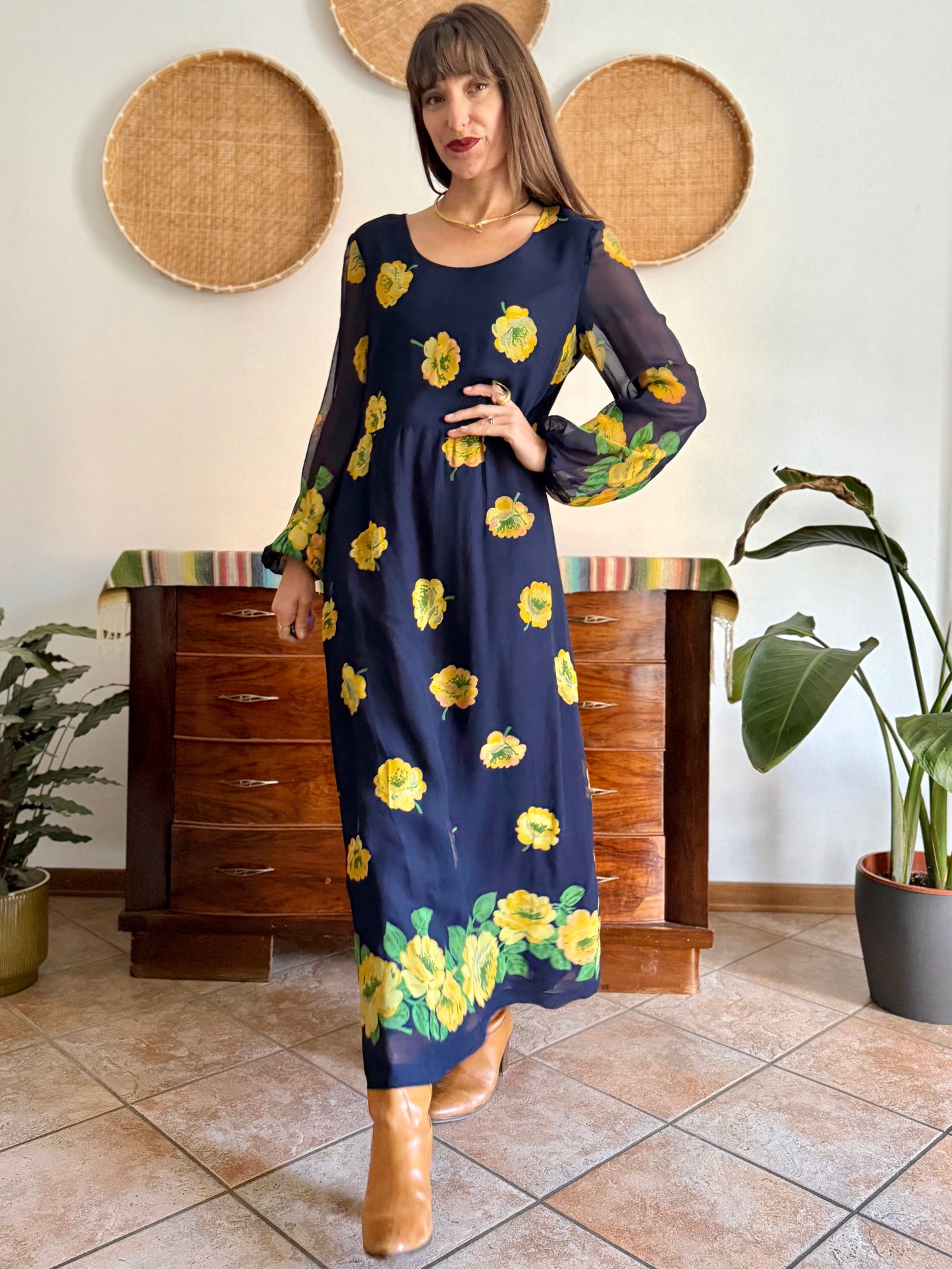 1970's vintage navy blue maxi dress with yellow floral print