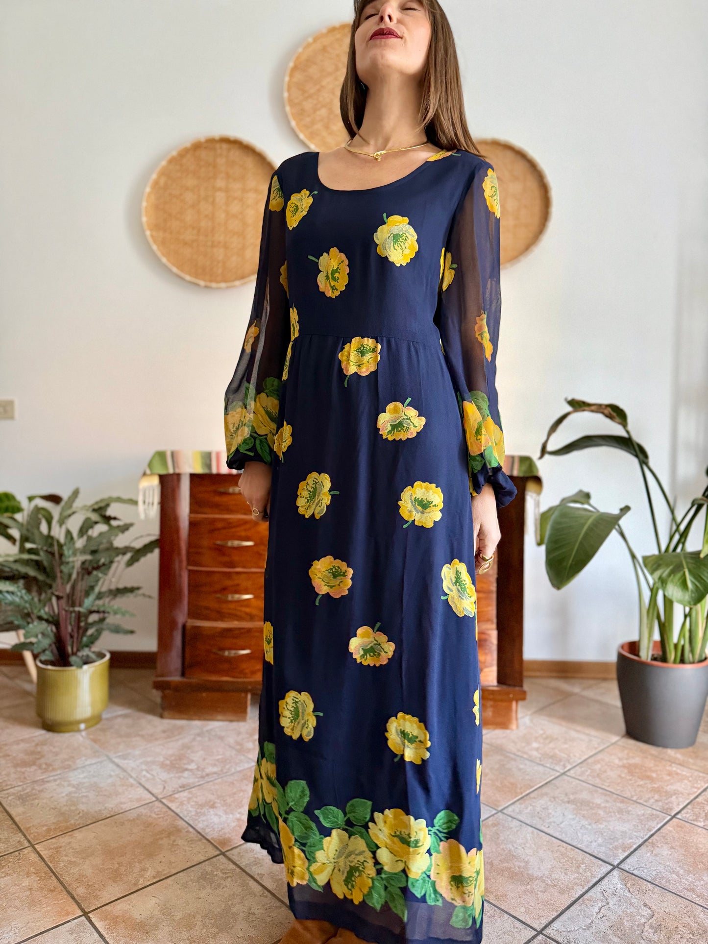 1970's vintage navy blue maxi dress with yellow floral print