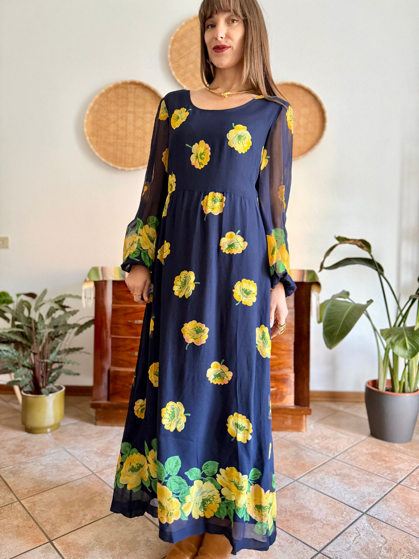 1970's vintage navy blue maxi dress with yellow floral print