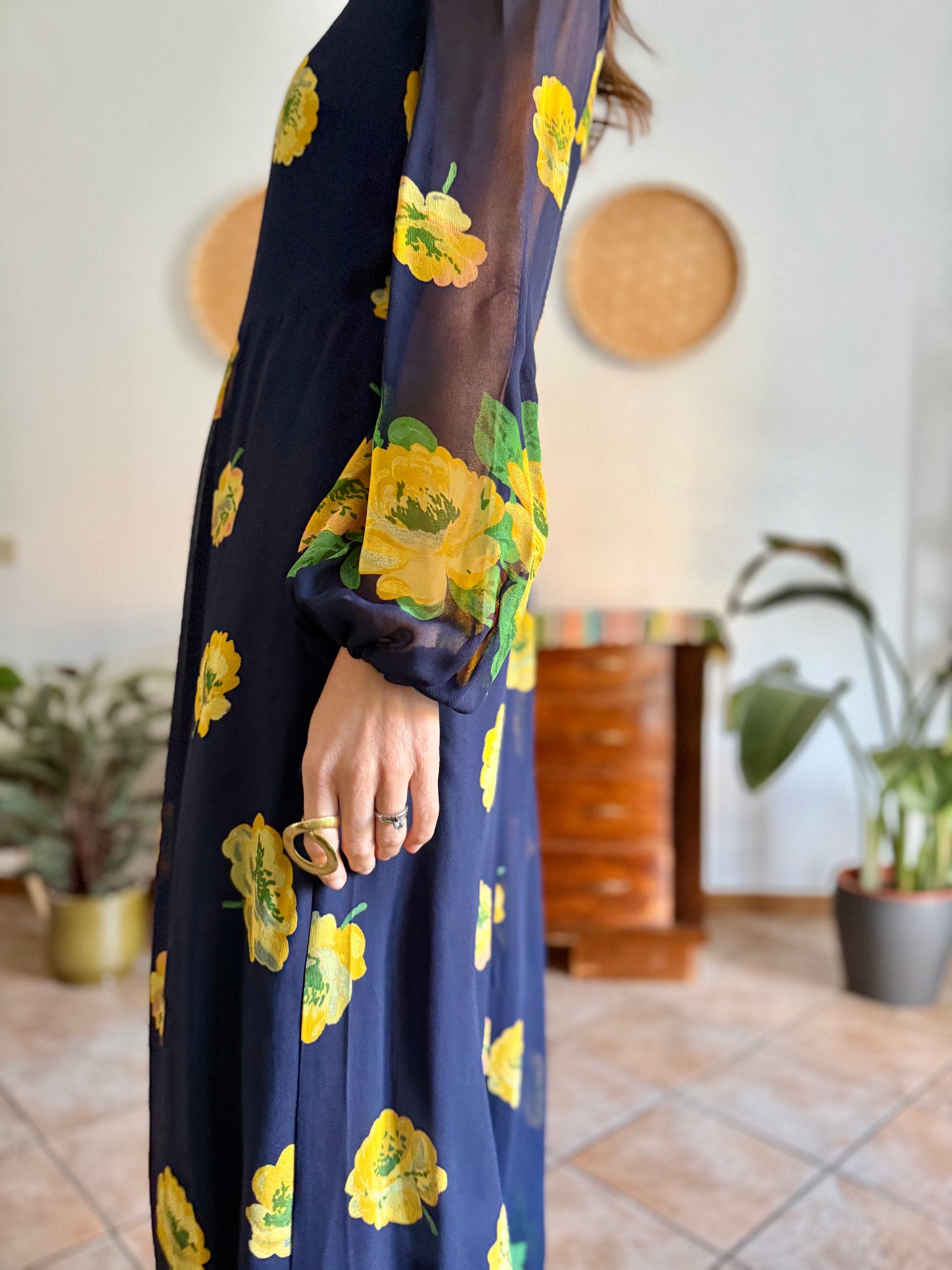 1970's vintage navy blue maxi dress with yellow floral print