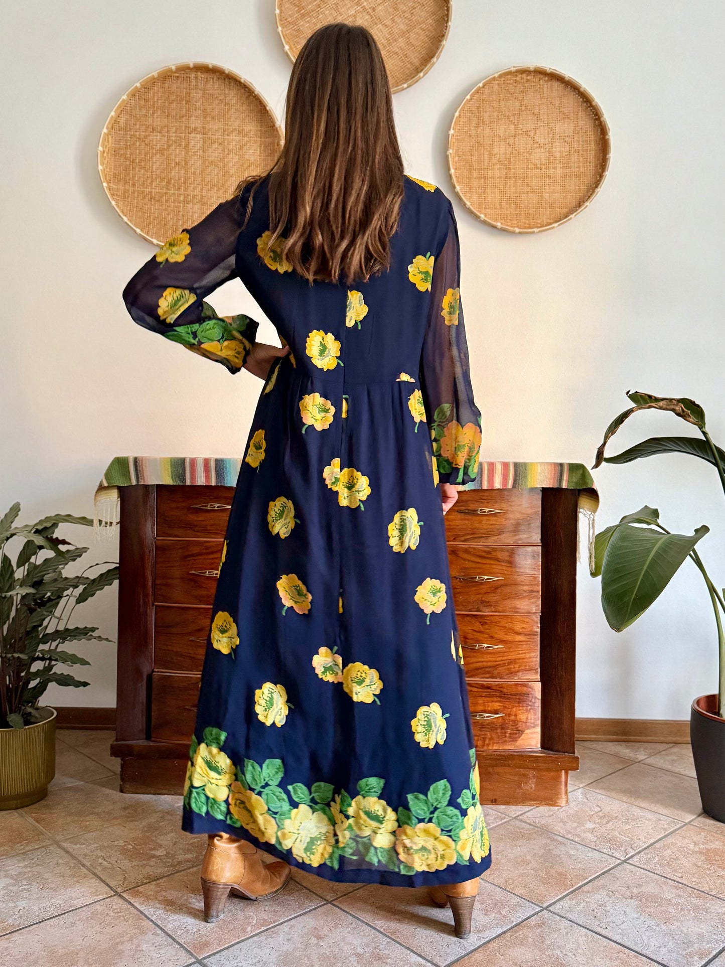 1970's vintage navy blue maxi dress with yellow floral print