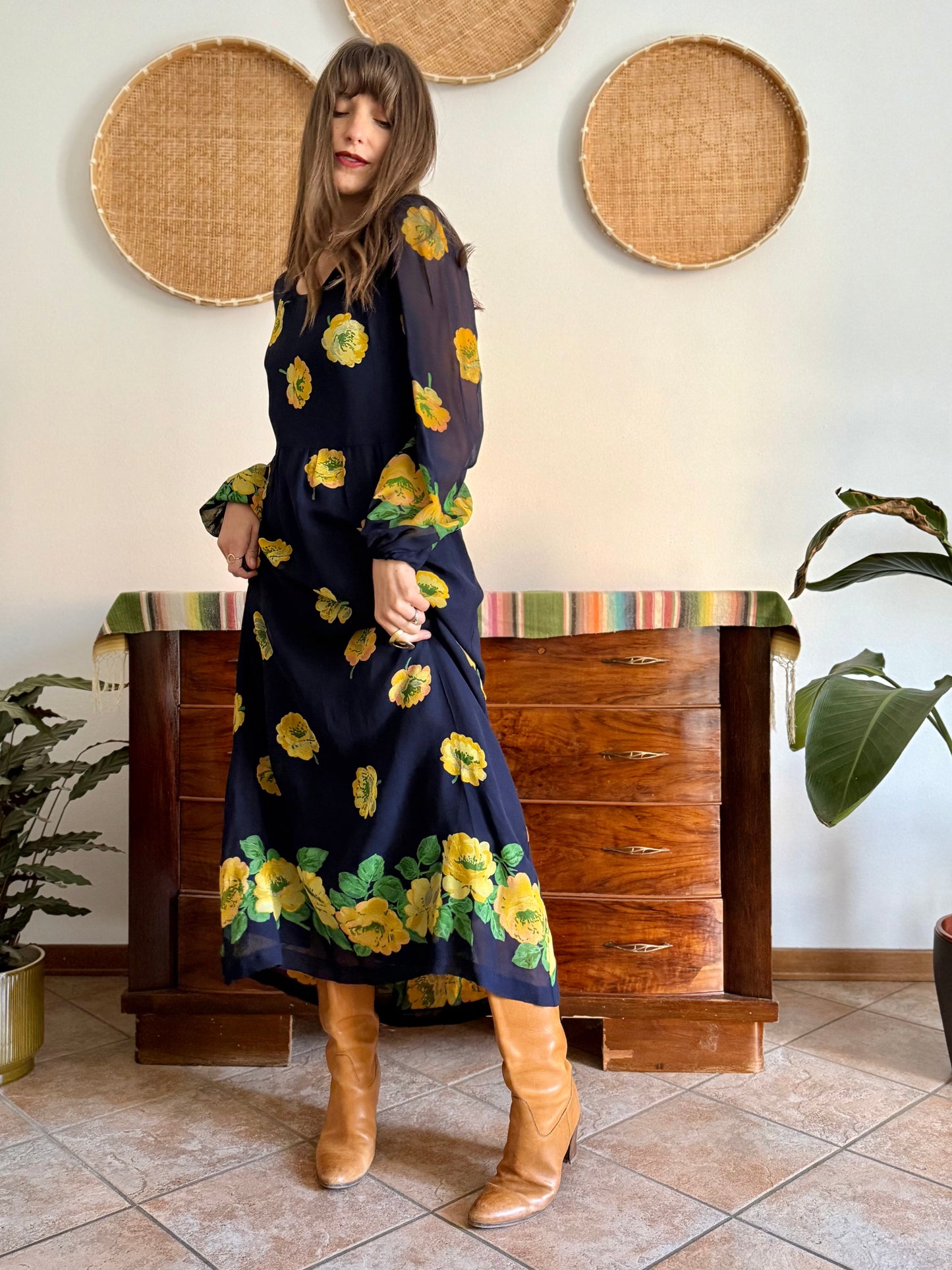1970's vintage navy blue maxi dress with yellow floral print