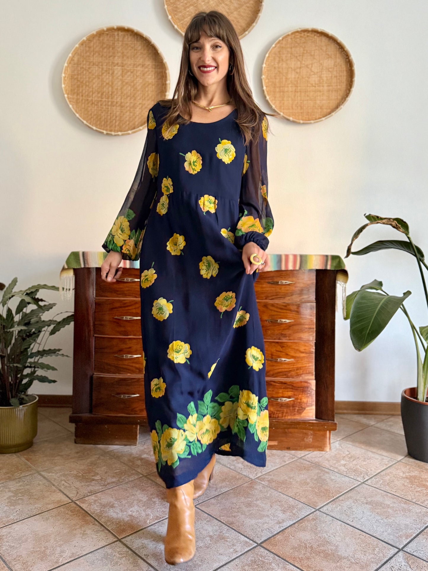 1970's vintage navy blue maxi dress with yellow floral print