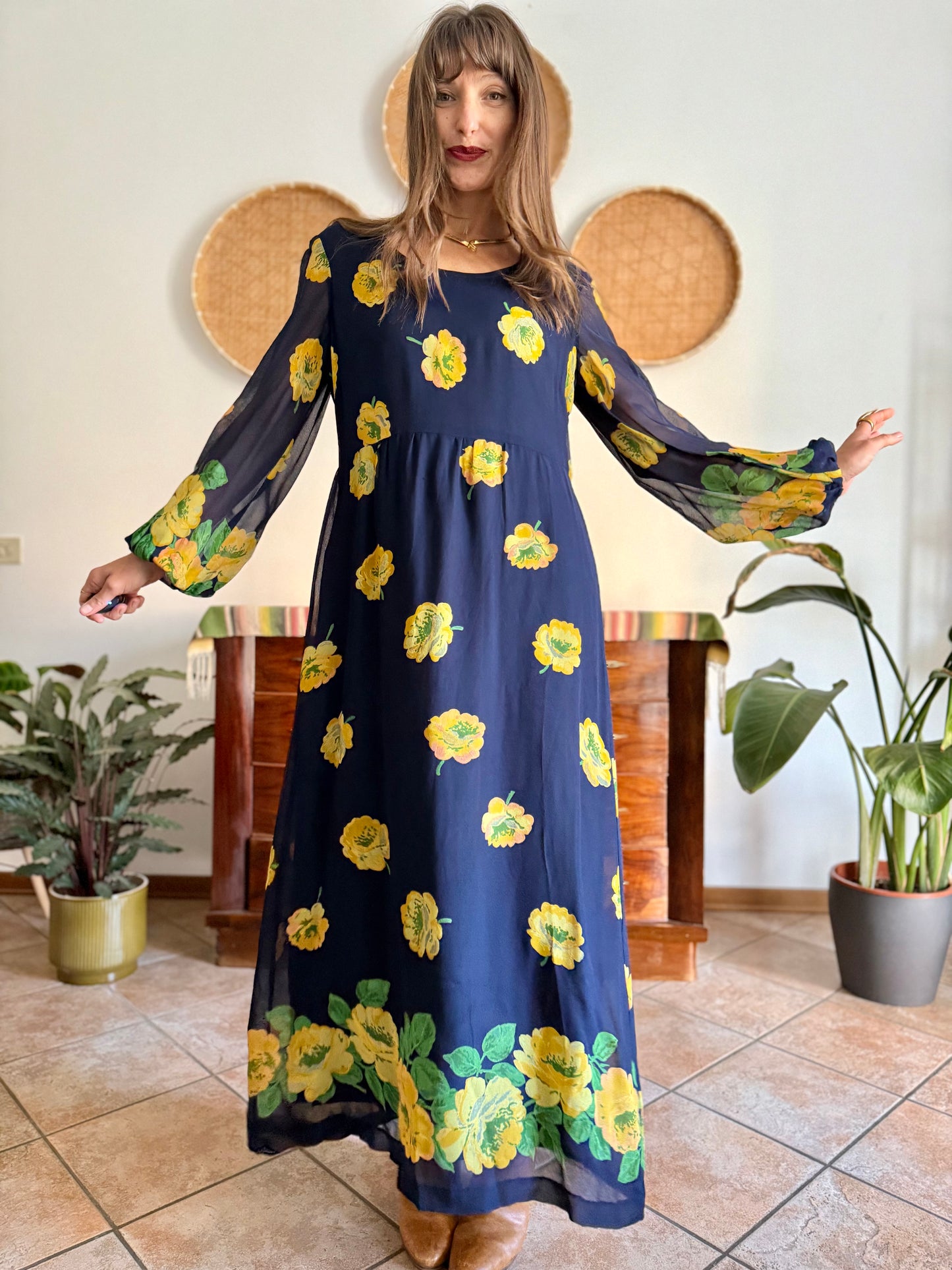 1970's vintage navy blue maxi dress with yellow floral print