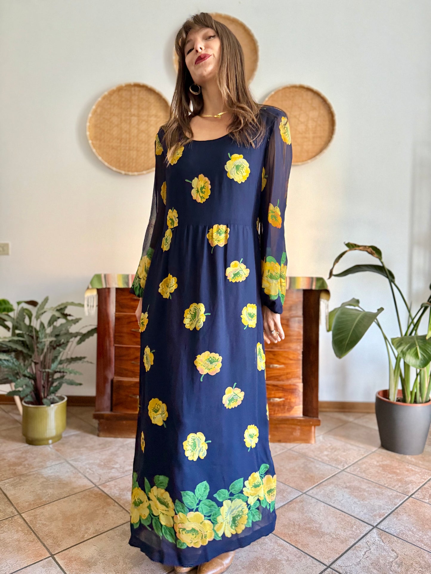 1970's vintage navy blue maxi dress with yellow floral print