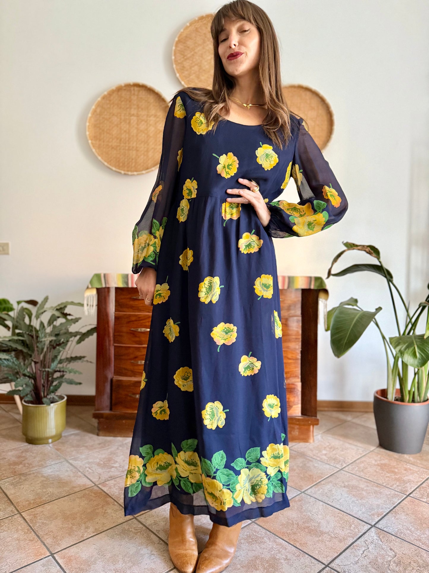 1970's vintage navy blue maxi dress with yellow floral print
