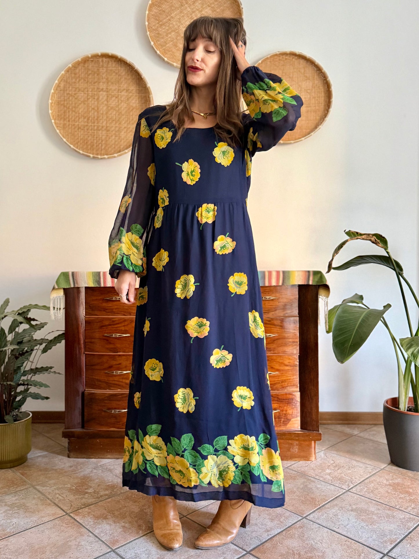 1970's vintage navy blue maxi dress with yellow floral print