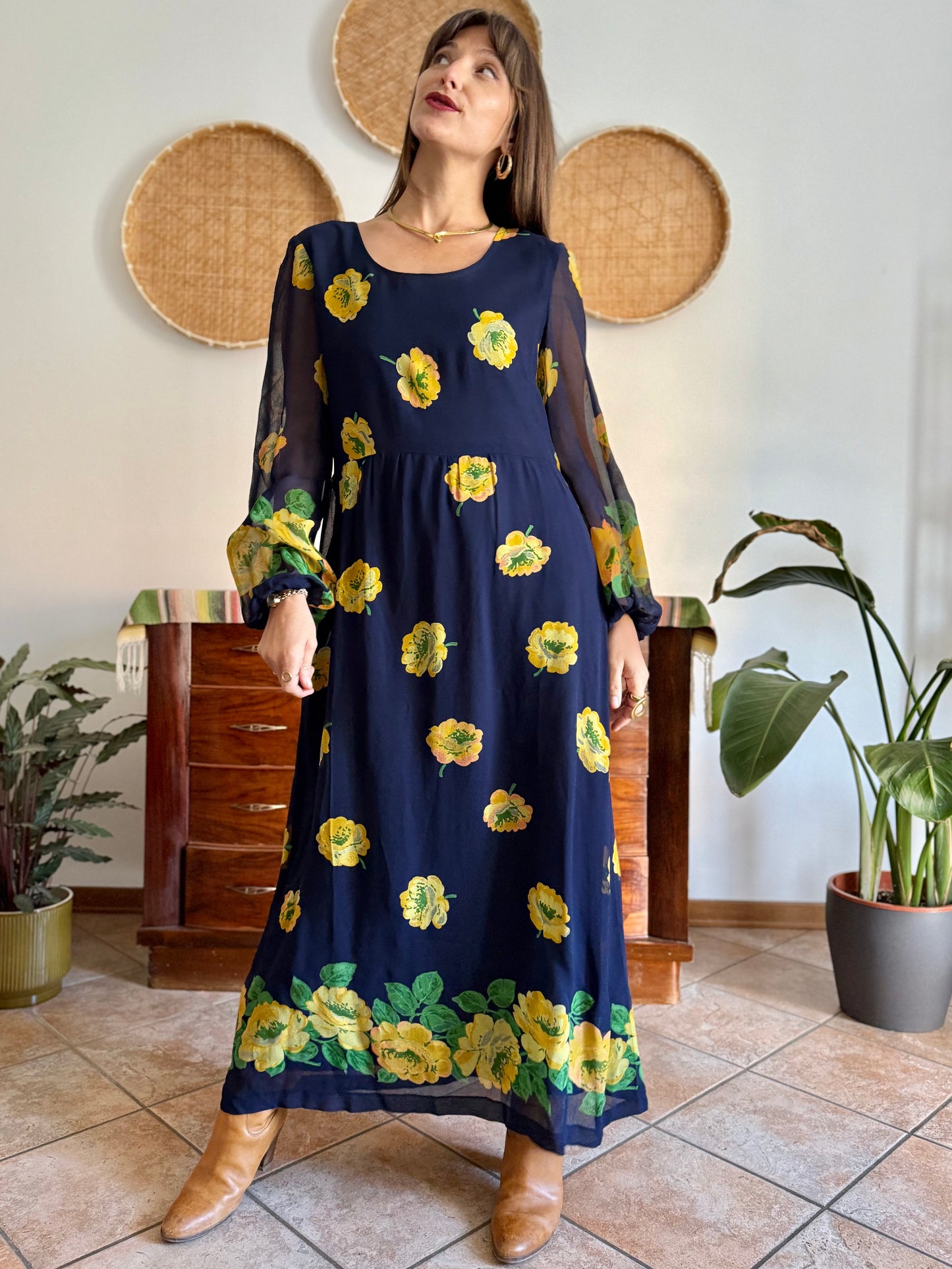 1970's vintage navy blue maxi dress with yellow floral print