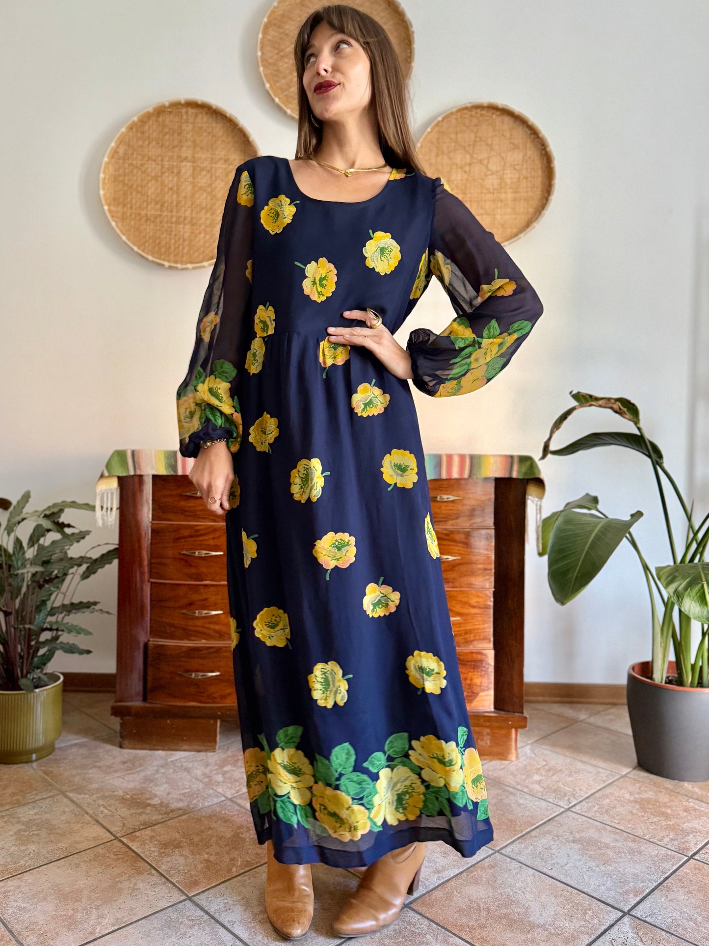 1970's vintage navy blue maxi dress with yellow floral print