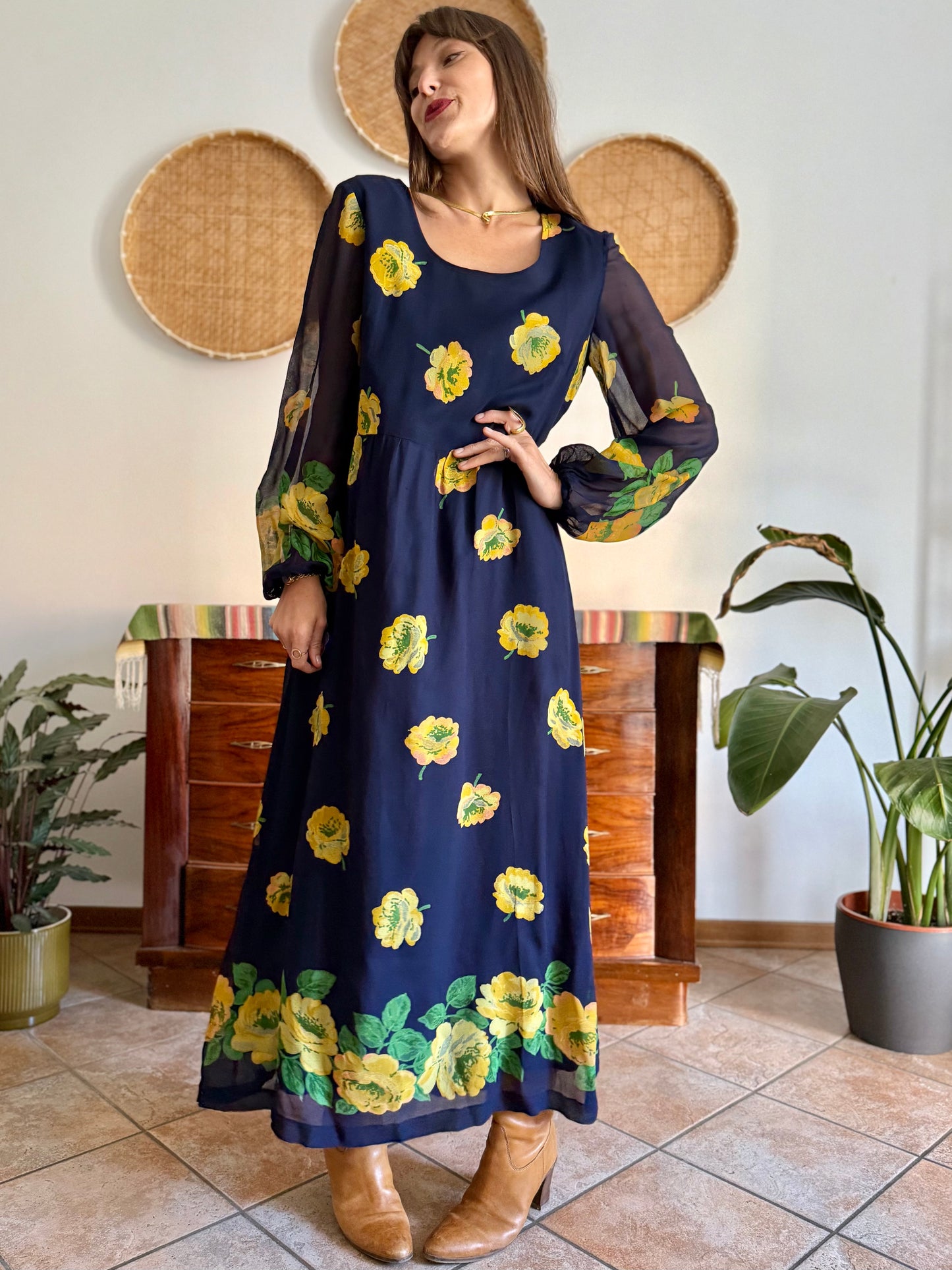 1970's vintage navy blue maxi dress with yellow floral print