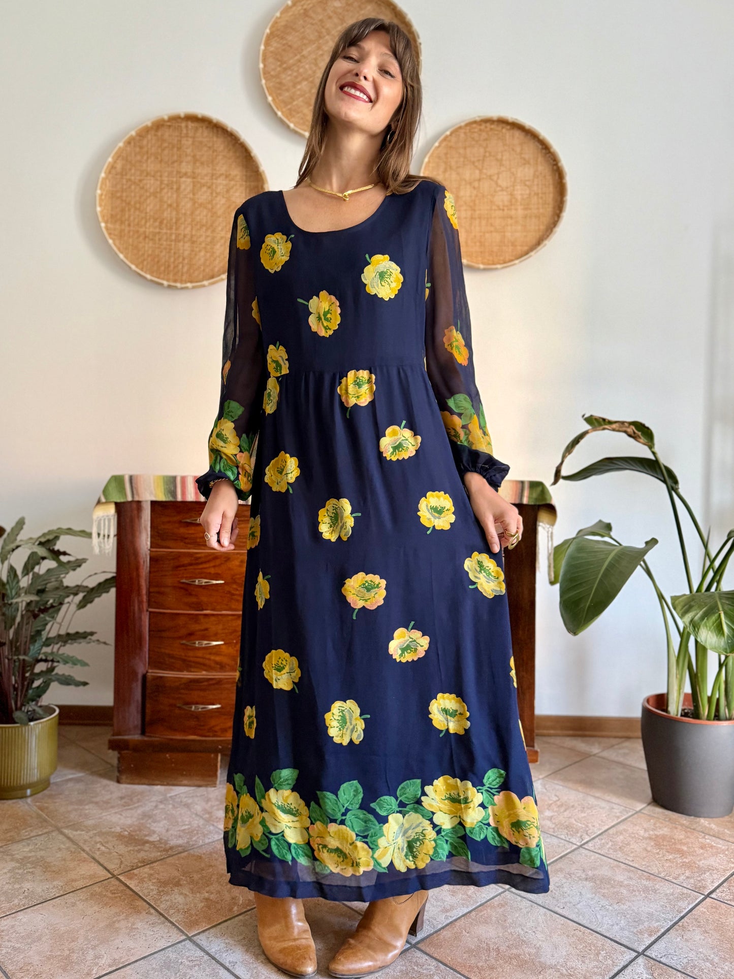 1970's vintage navy blue maxi dress with yellow floral print