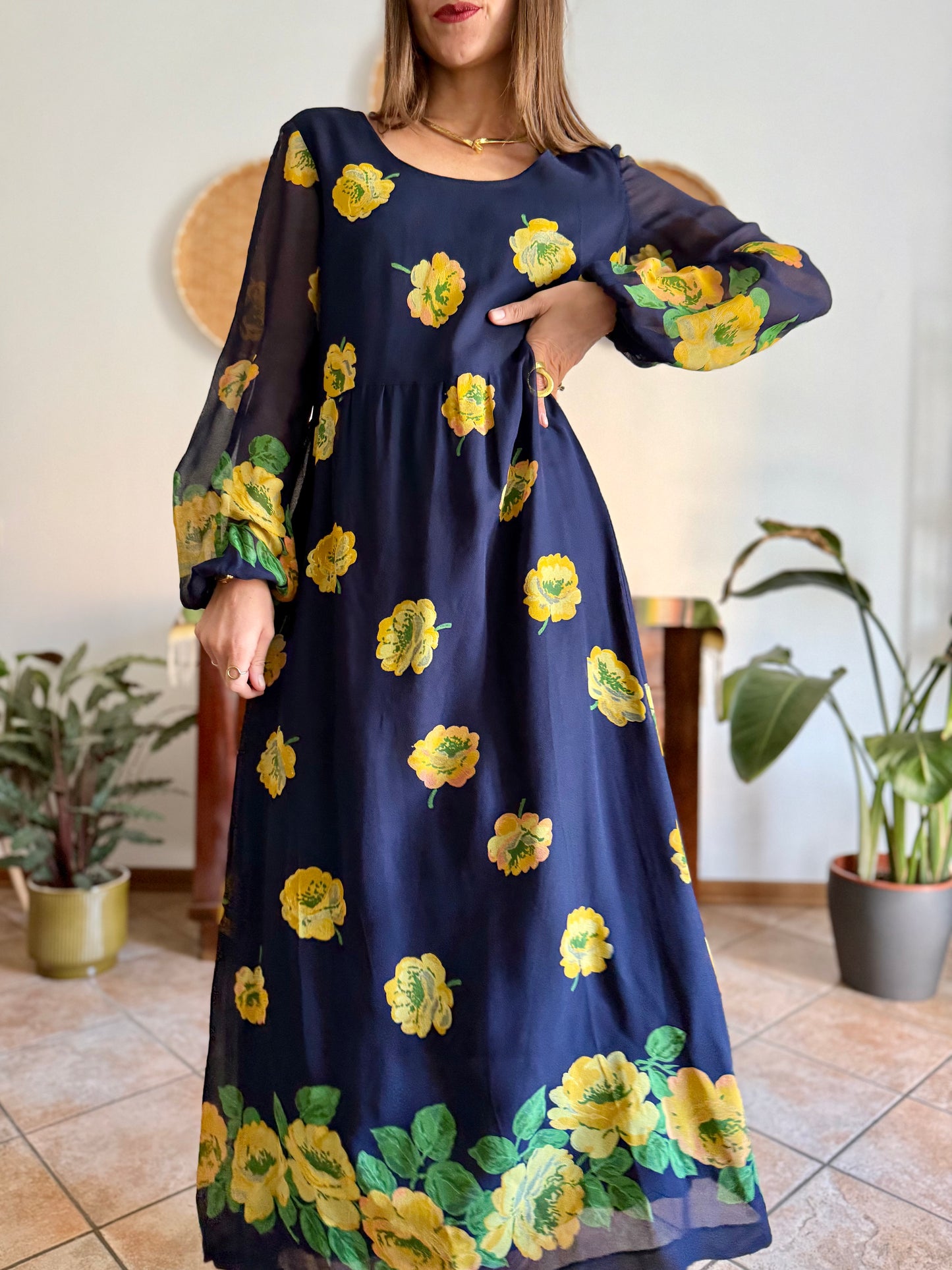 1970's vintage navy blue maxi dress with yellow floral print
