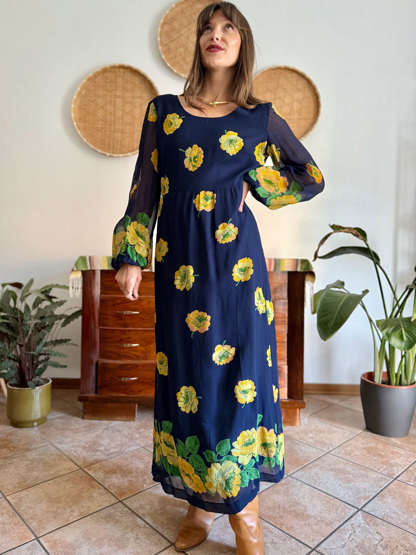 1970's vintage navy blue maxi dress with yellow floral print