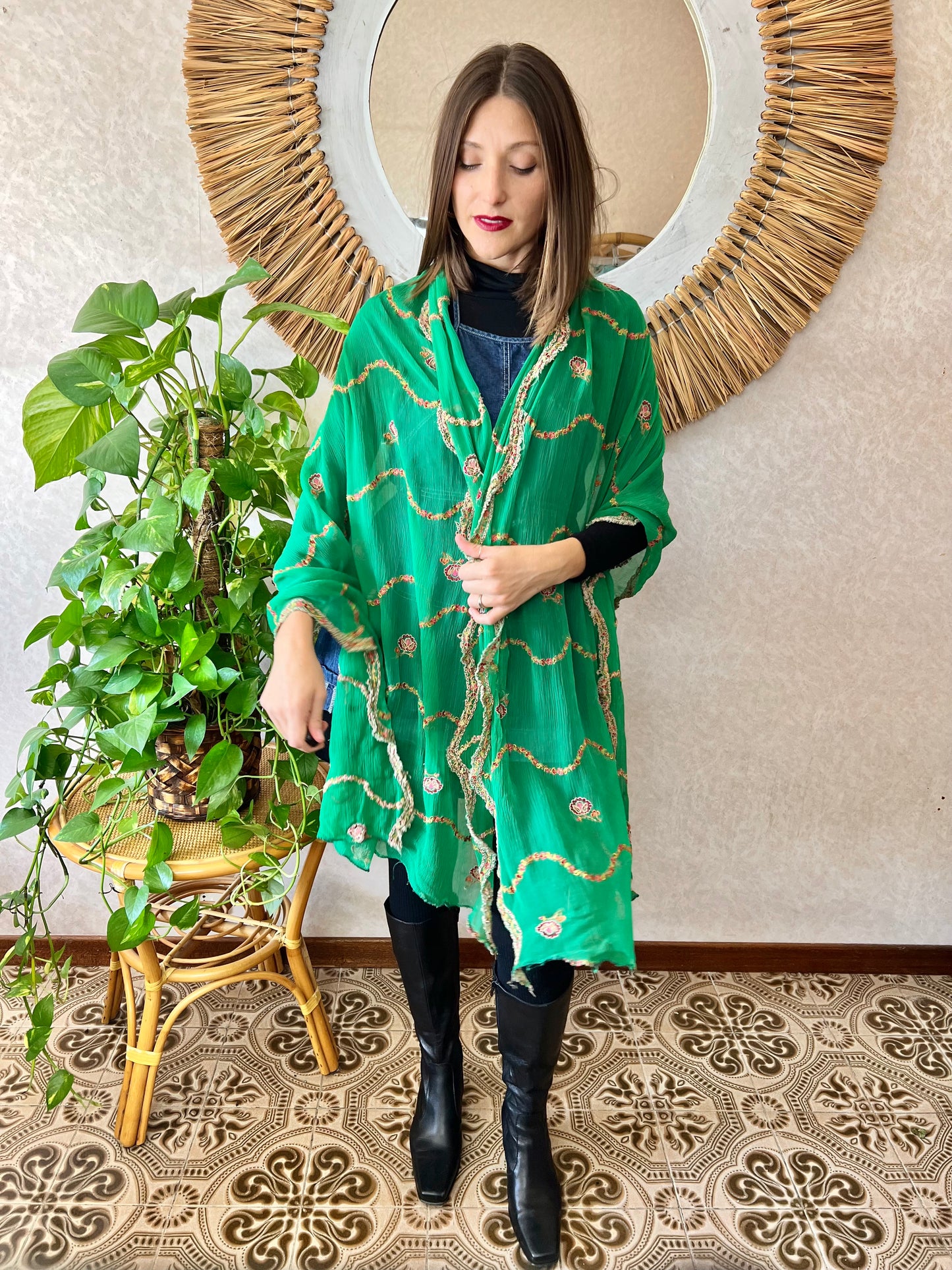1970's vintage sheer green shawl with multicolor floral embroidery