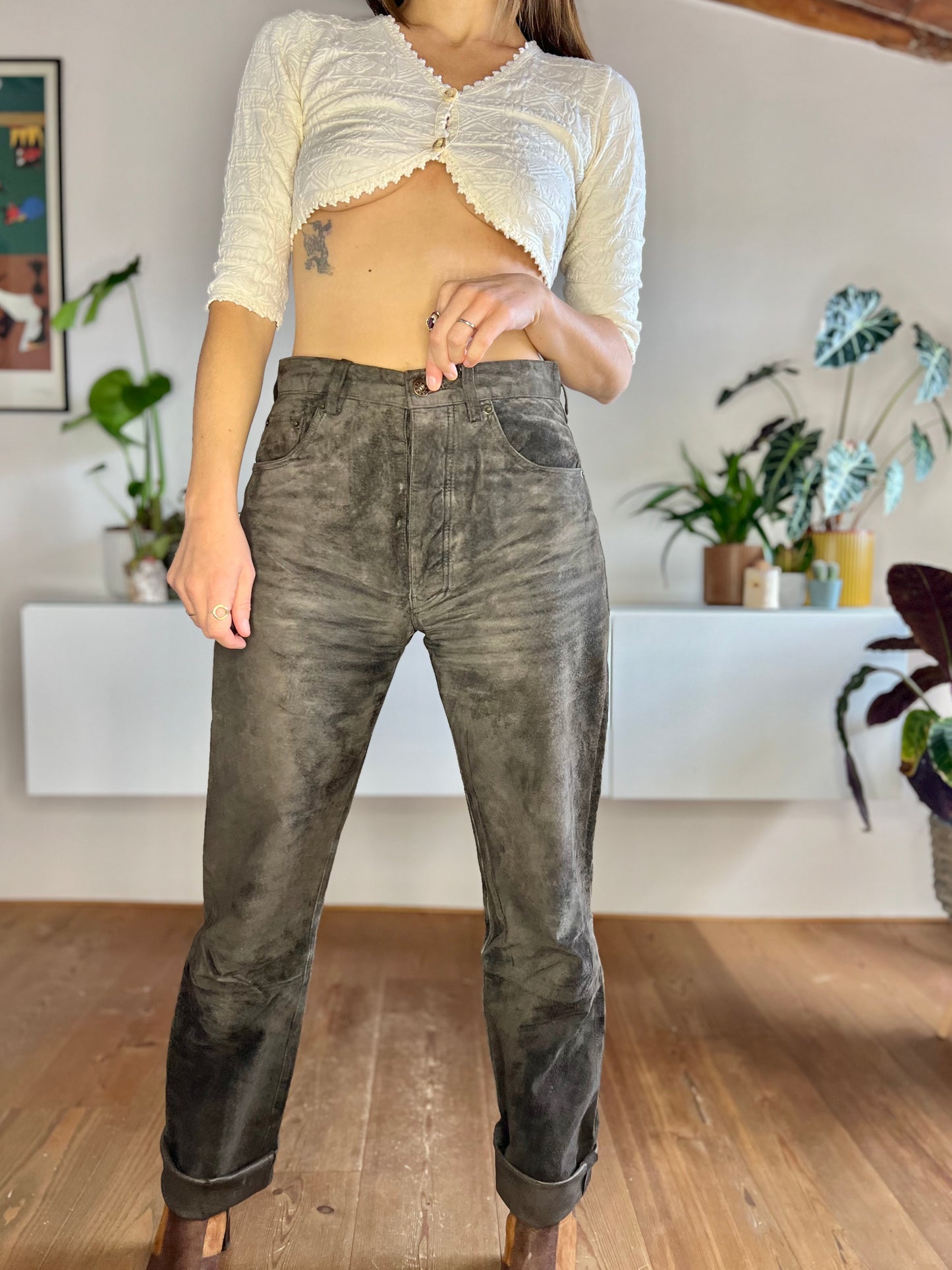 1970's vintage chocolate brown genuine leather suede pants