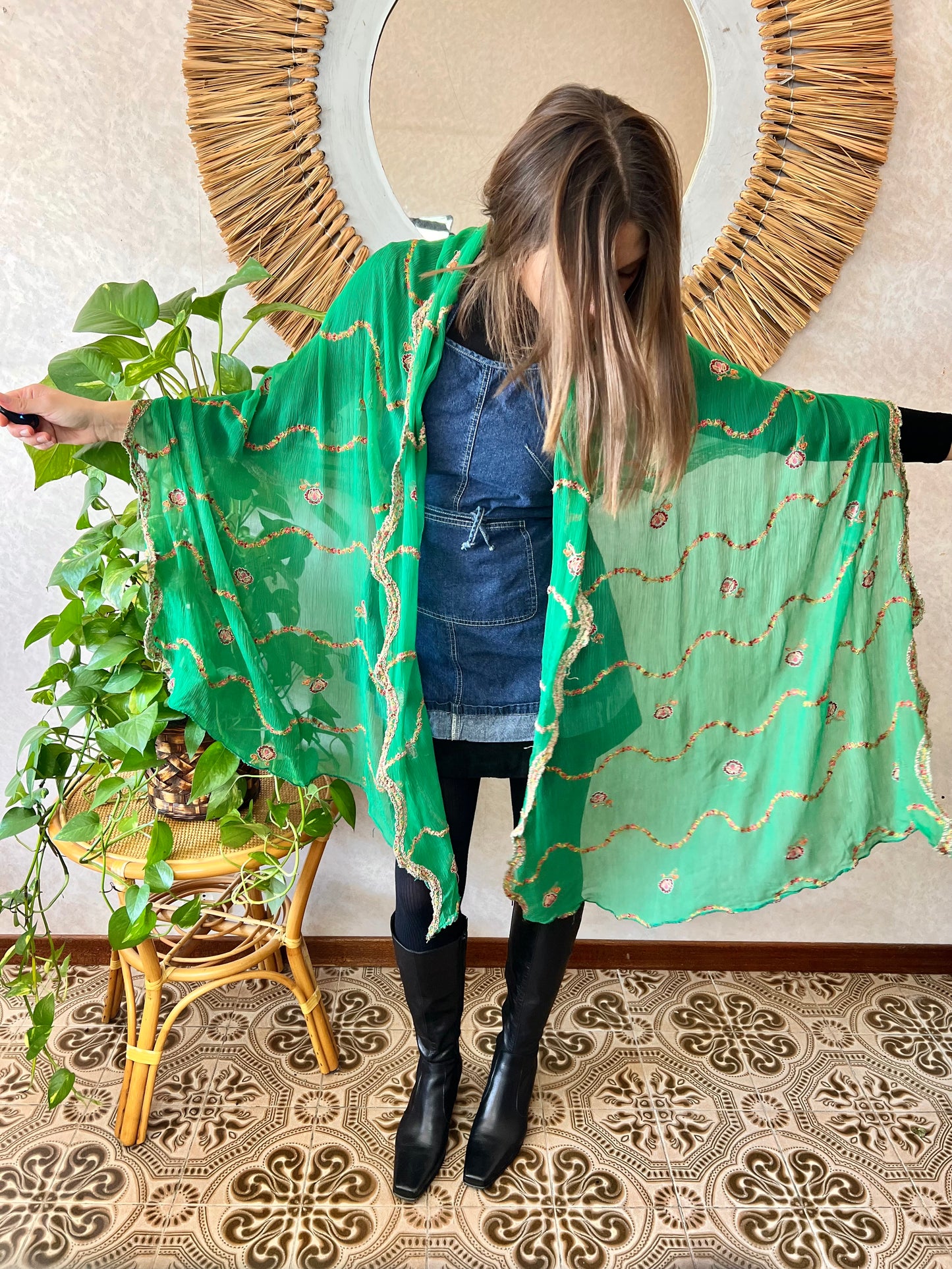 1970's vintage sheer green shawl with multicolor floral embroidery
